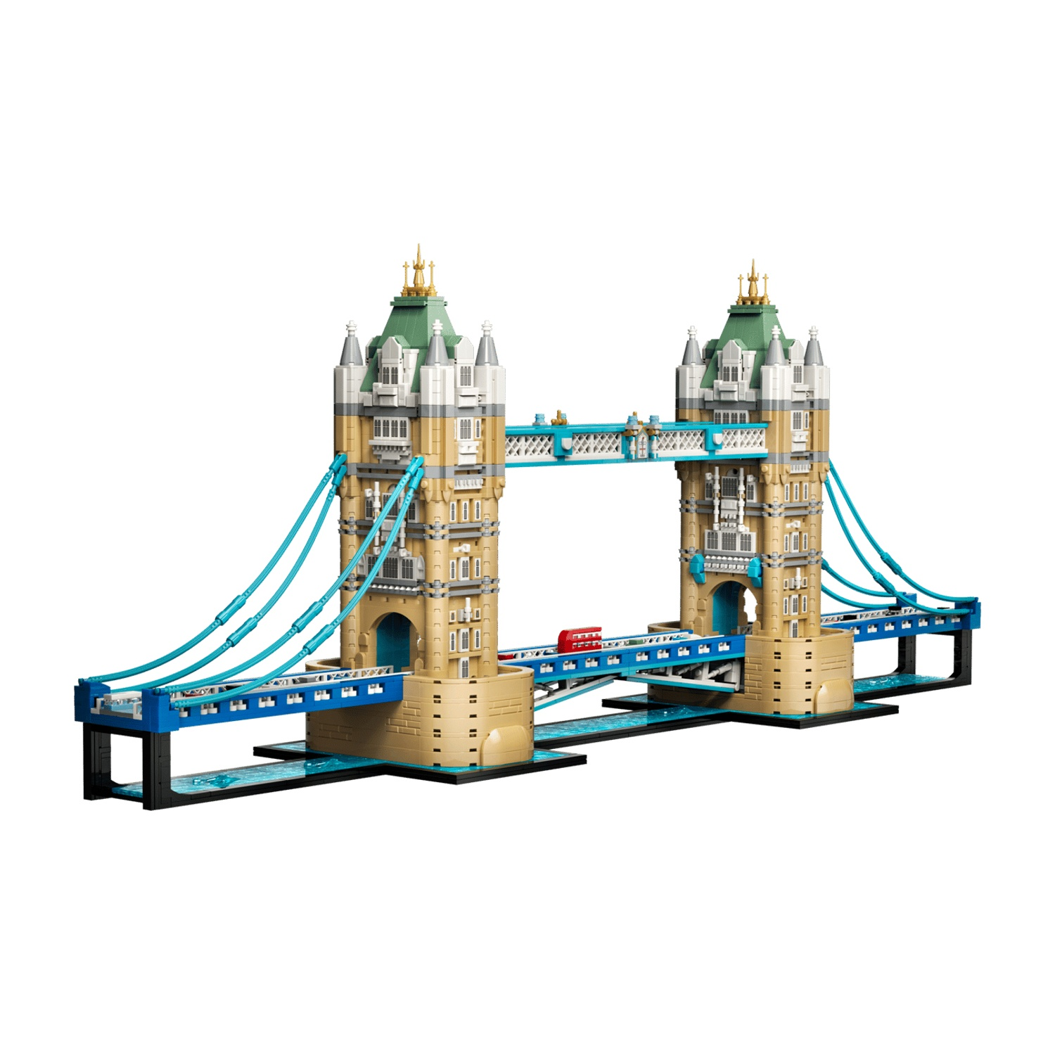 Un dettagliato modello Lego del Tower Bridge di Londra, con torri gemelle, cavi blu e acqua.