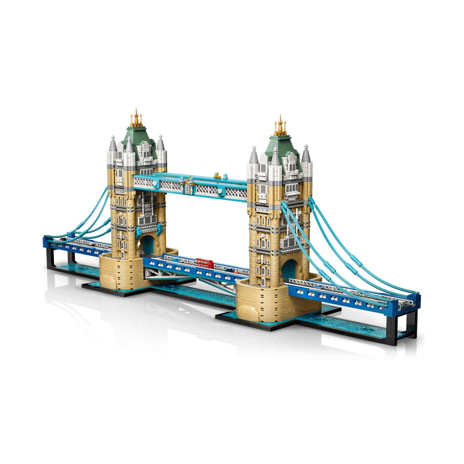 Un dettagliato modello Lego del Tower Bridge di Londra con due grandi torri e cavi blu.