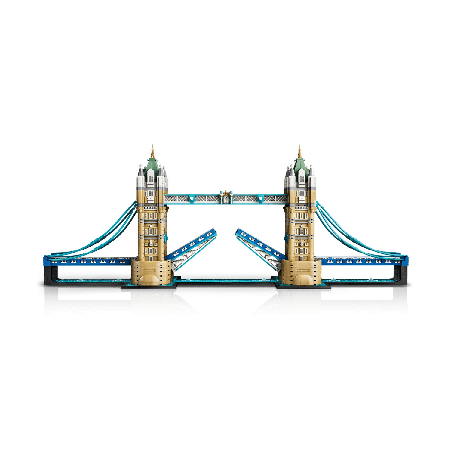 Modello Lego del Tower Bridge con sezioni sollevate su sfondo bianco.