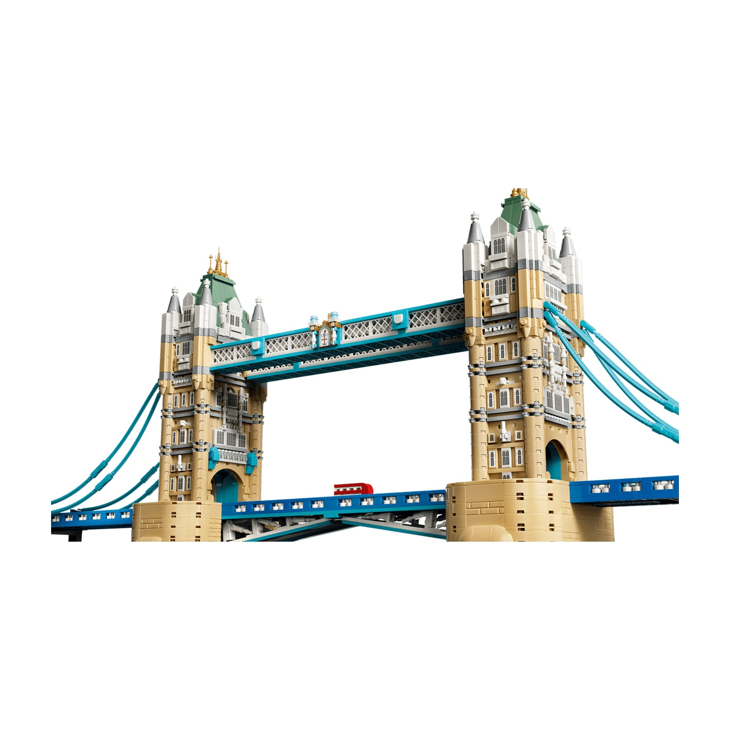 Vista dettagliata di un modello del Tower Bridge di Londra realizzato con mattoncini Lego.