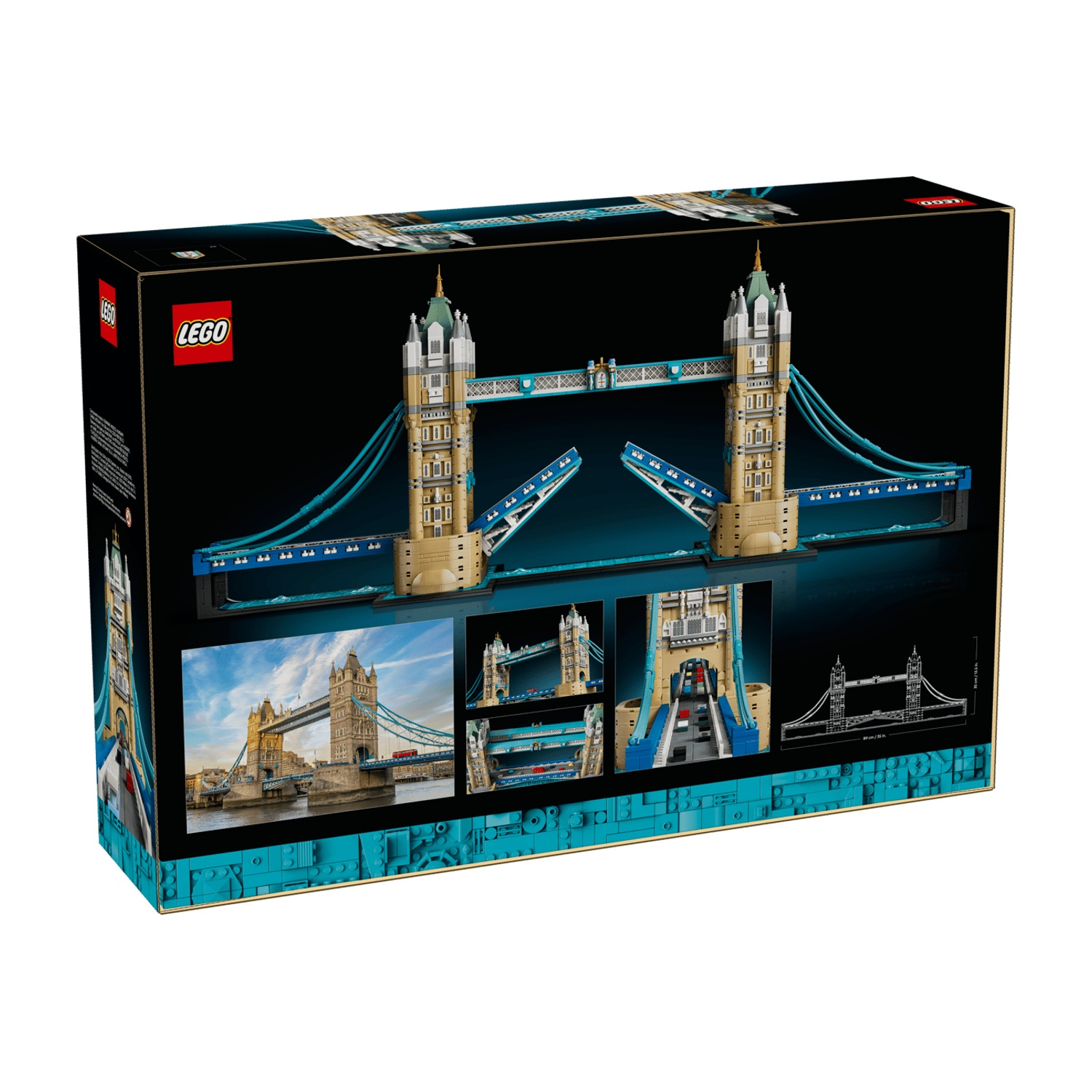 Scatola del set LEGO Tower Bridge con foto dettagliate del ponte costruito su sfondo nero.
