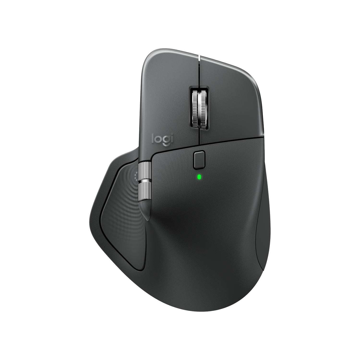 Ratón de ordenador Logitech gris oscuro con ruedas metálicas y luz LED verde.