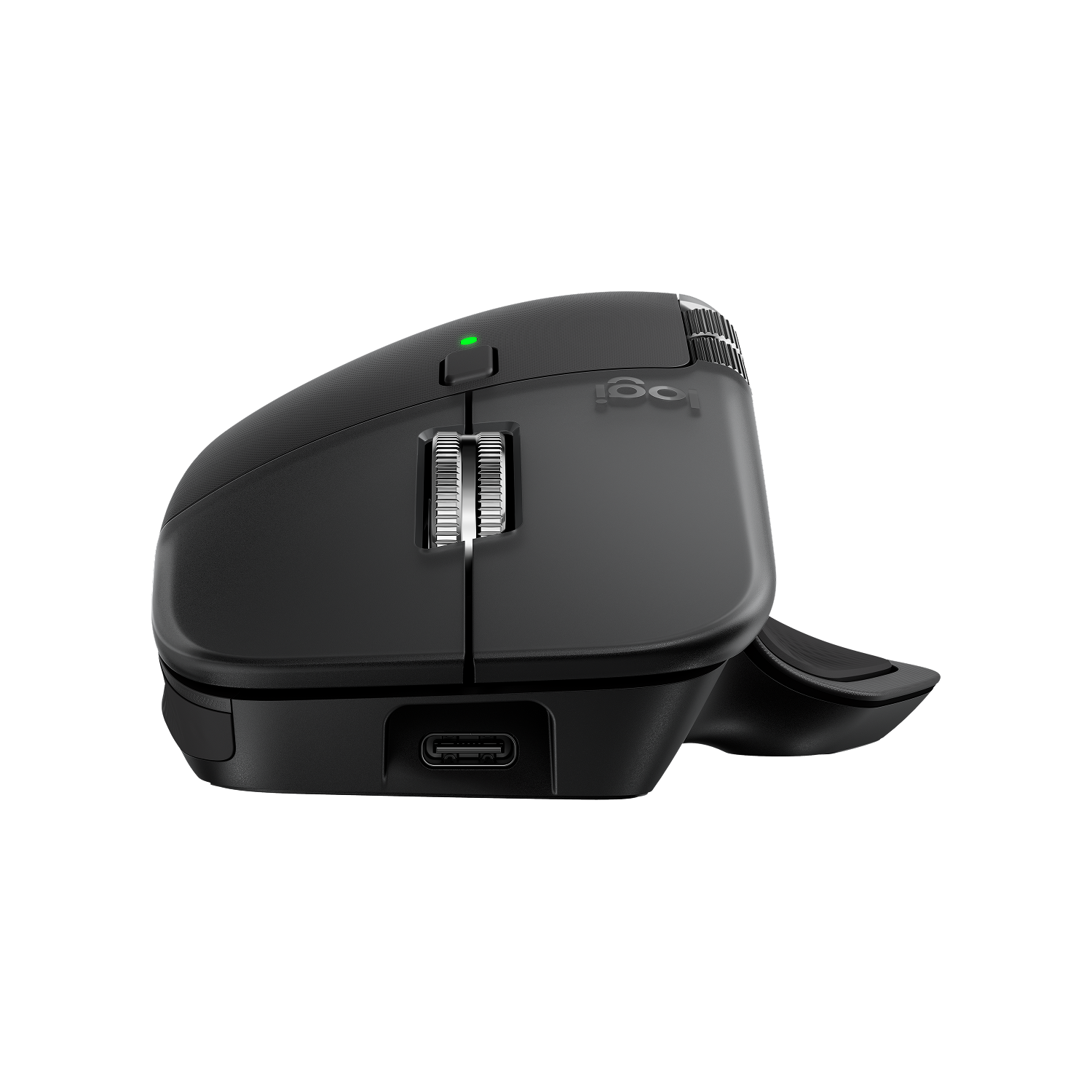 Ratón de ordenador inalámbrico negro con ruedas de desplazamiento de metal y puerto USB-C.
