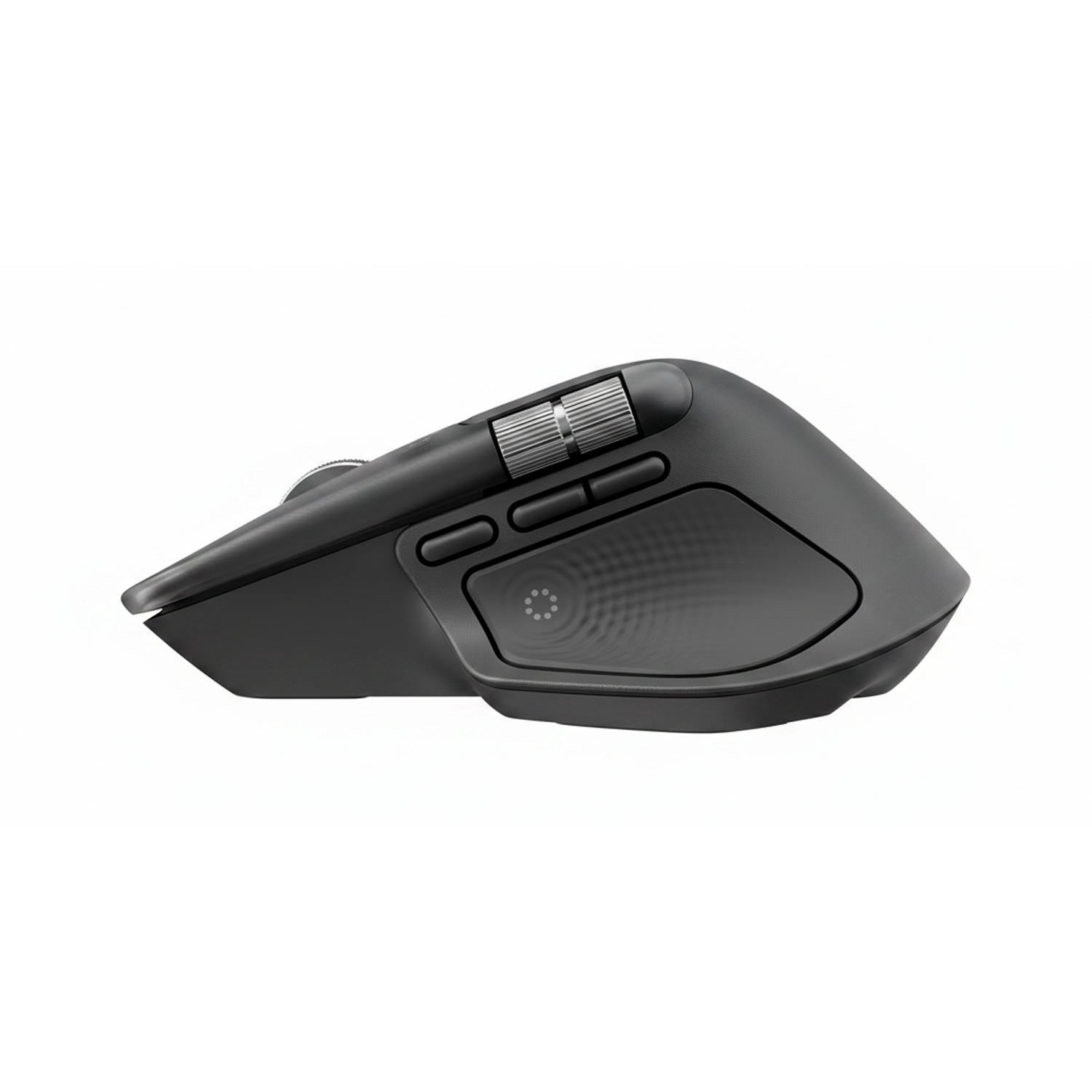 Un ratón de ordenador ergonómico gris con rueda de desplazamiento lateral y botones laterales sobre fondo blanco.