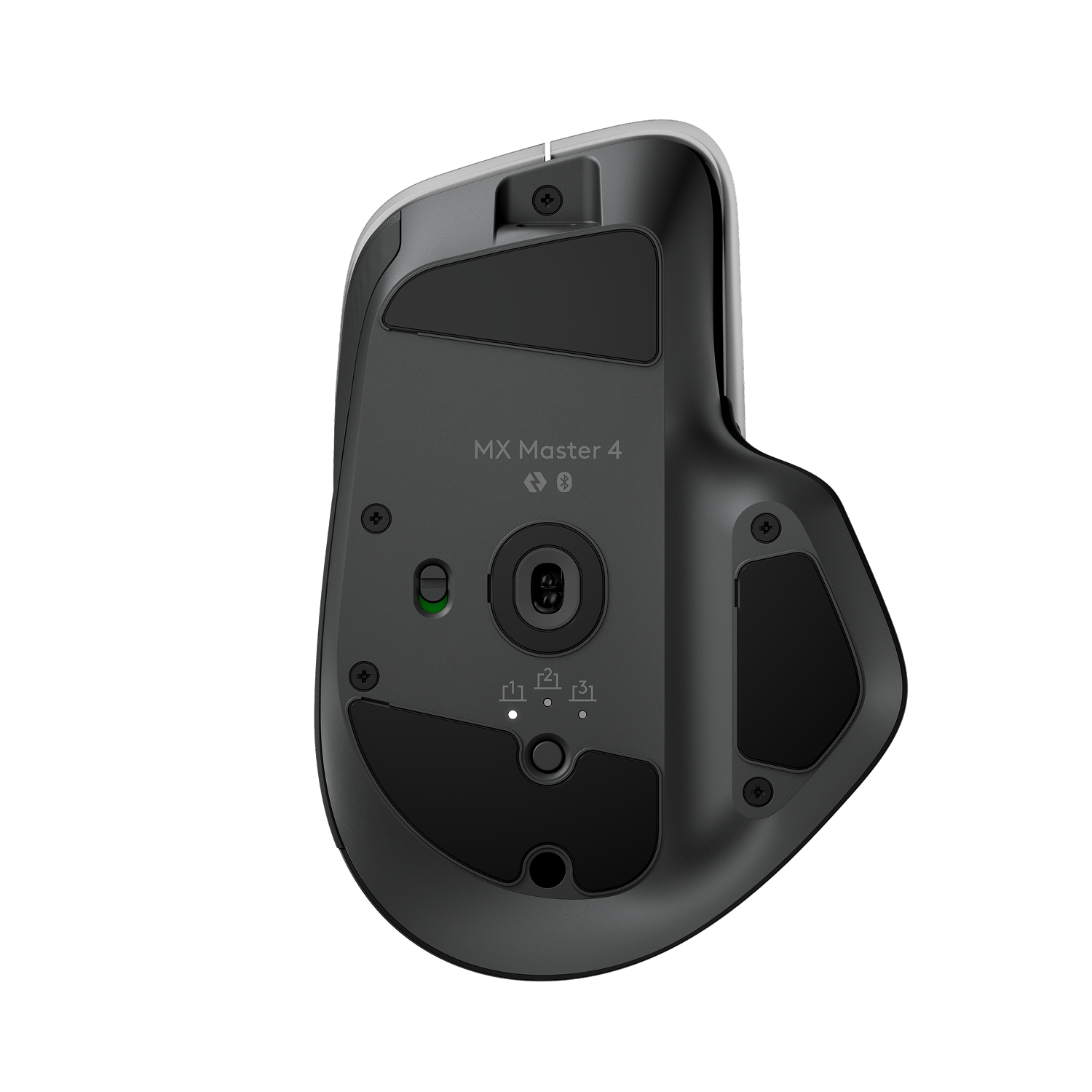 Parte inferior de un ratón negro MX Master 4 que muestra el sensor y las almohadillas deslizantes.