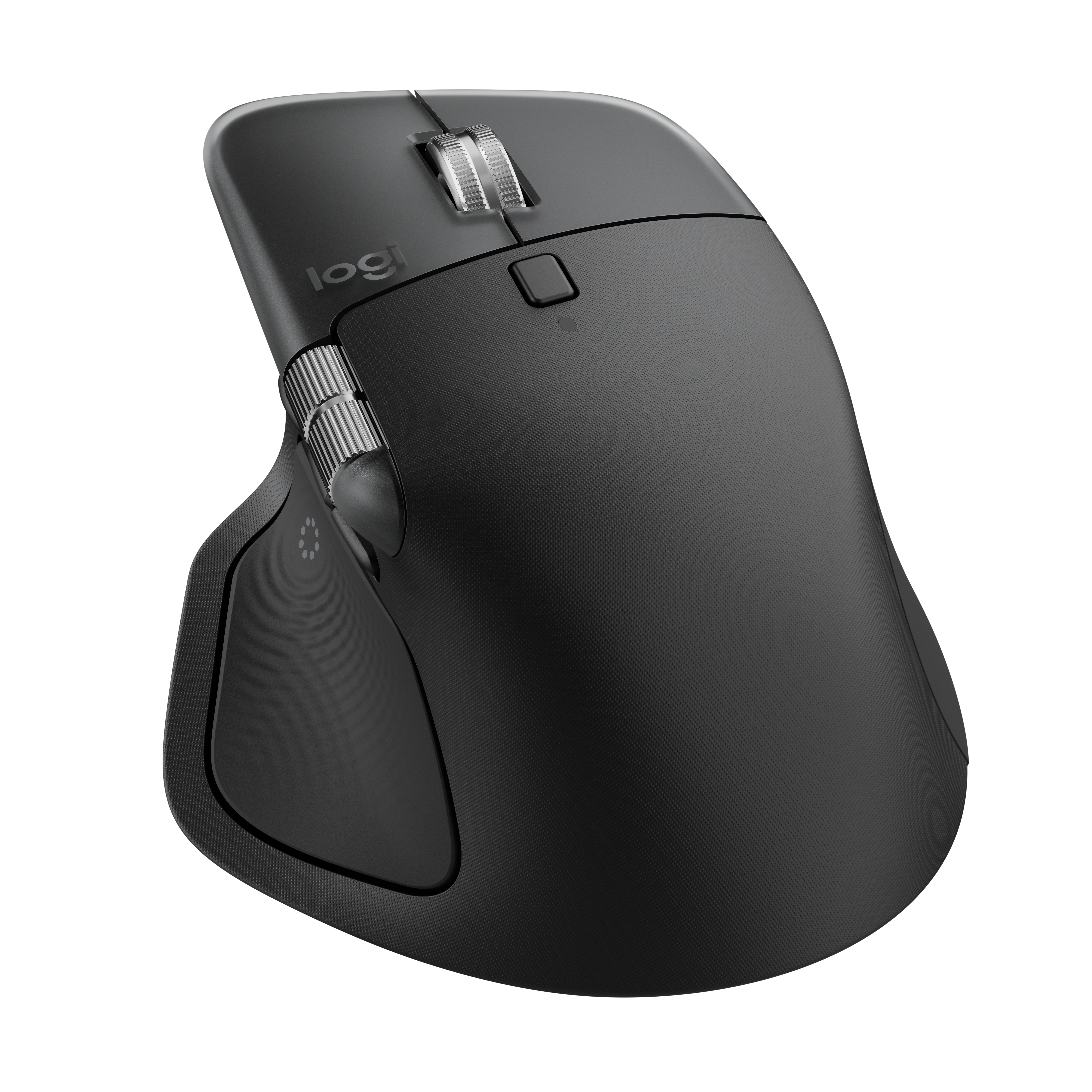 Ratón de ordenador inalámbrico negro con diseño ergonómico y rueda para el pulgar sobre fondo blanco.