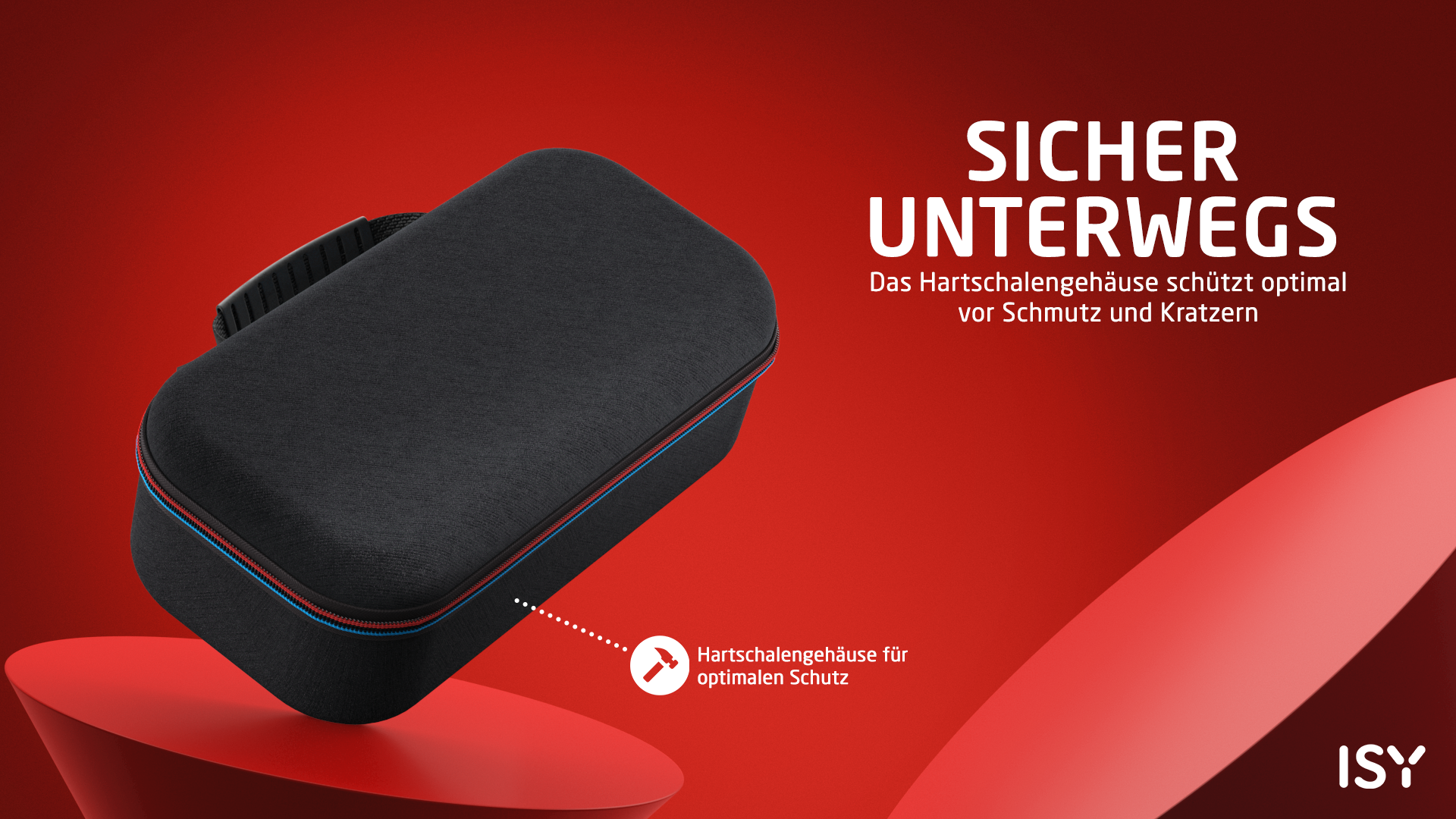 Ein schwarzes Hartschalenetui auf rotem Hintergrund mit deutschem Werbetext.