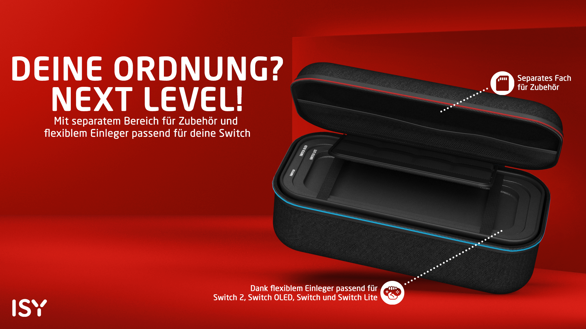 Eine schwarze Nintendo Switch Tasche auf rotem Hintergrund mit deutschem Werbetext und Symbolen.