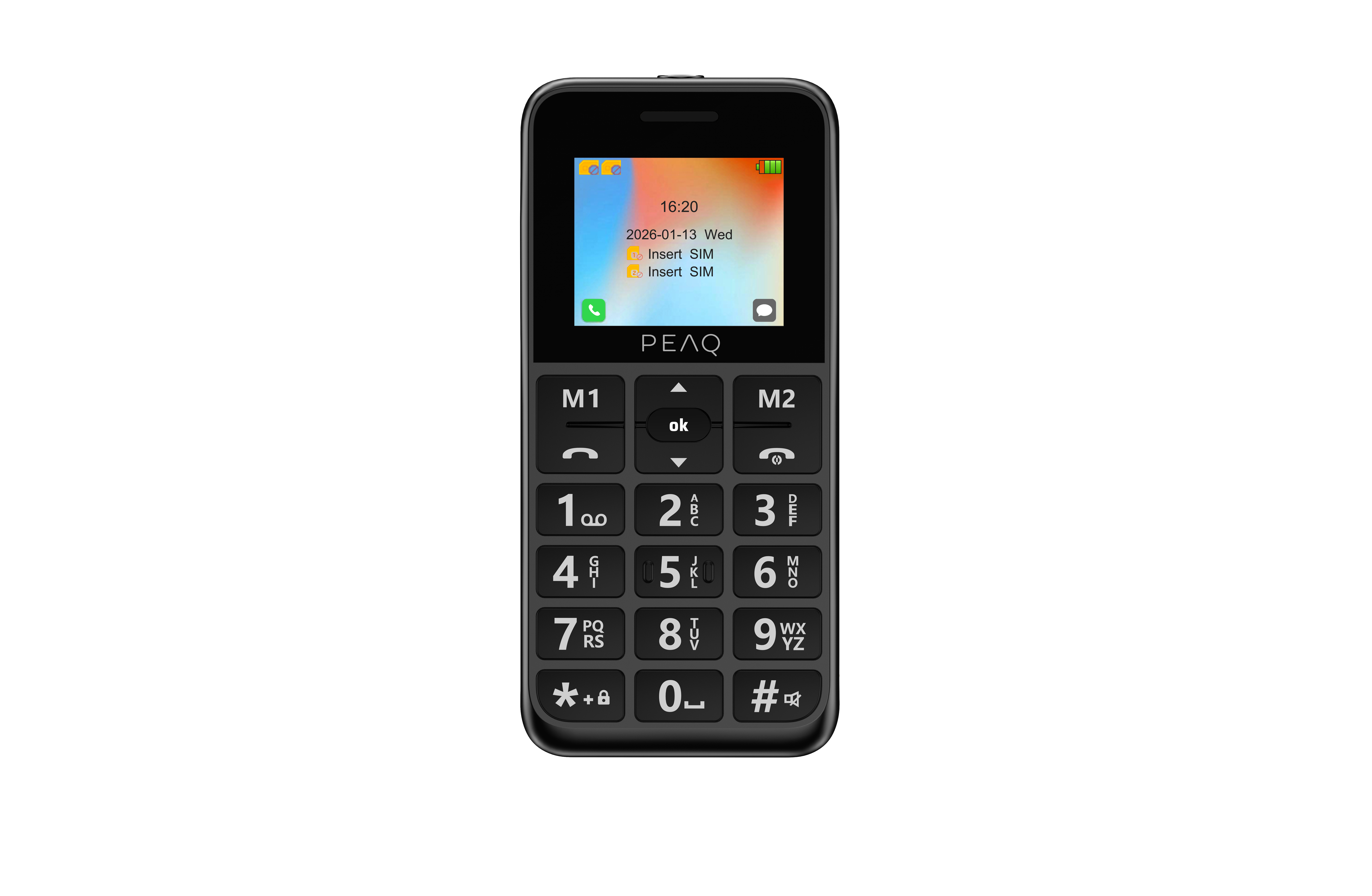 Ein schwarzes Mobiltelefon mit großen Tasten und Farbdisplay vor schwarzem Hintergrund.