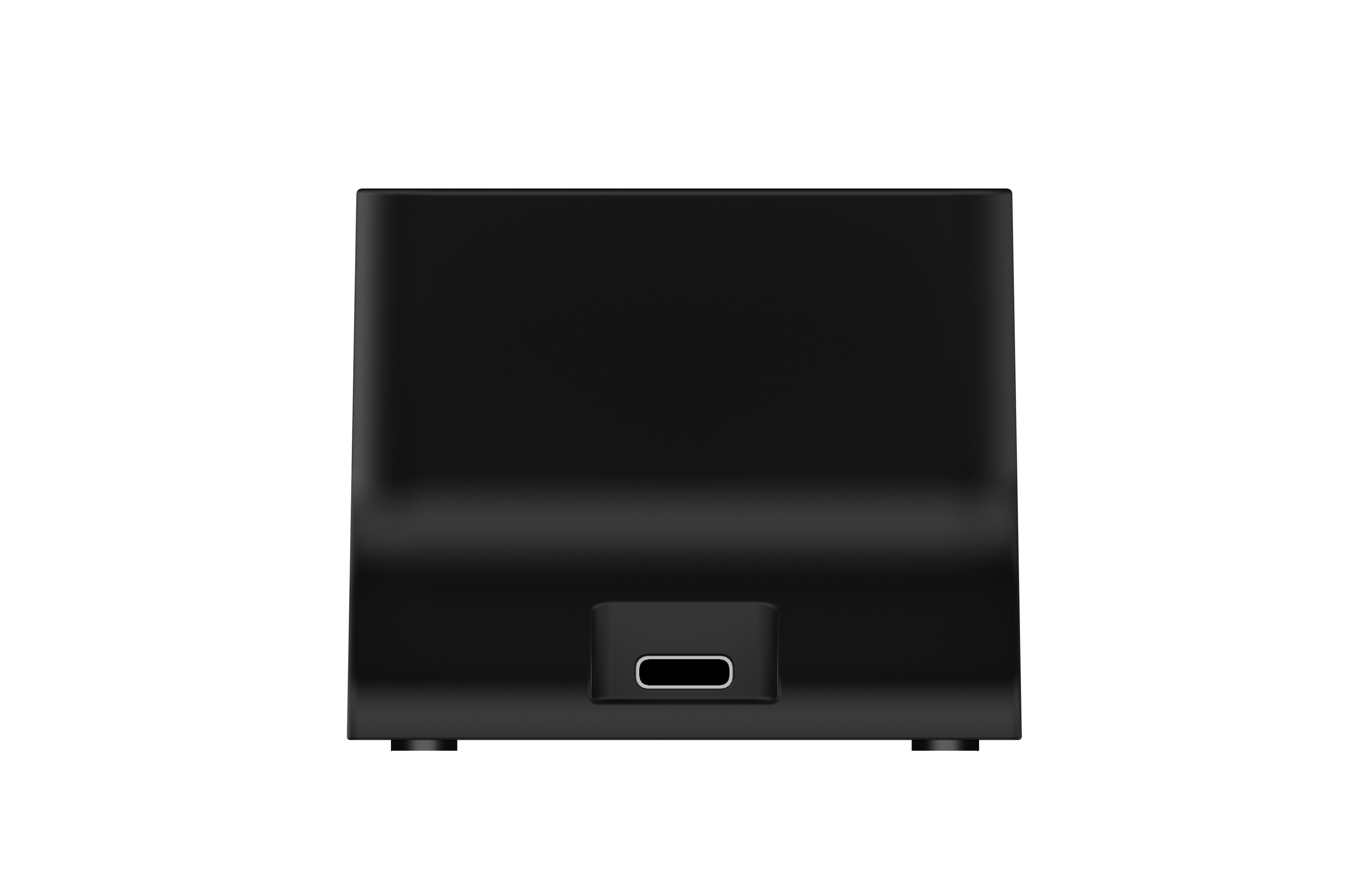 Ein schwarzes elektronisches Gerät mit einem einzelnen USB-C-Anschluss auf der Vorderseite vor weißem Hintergrund.