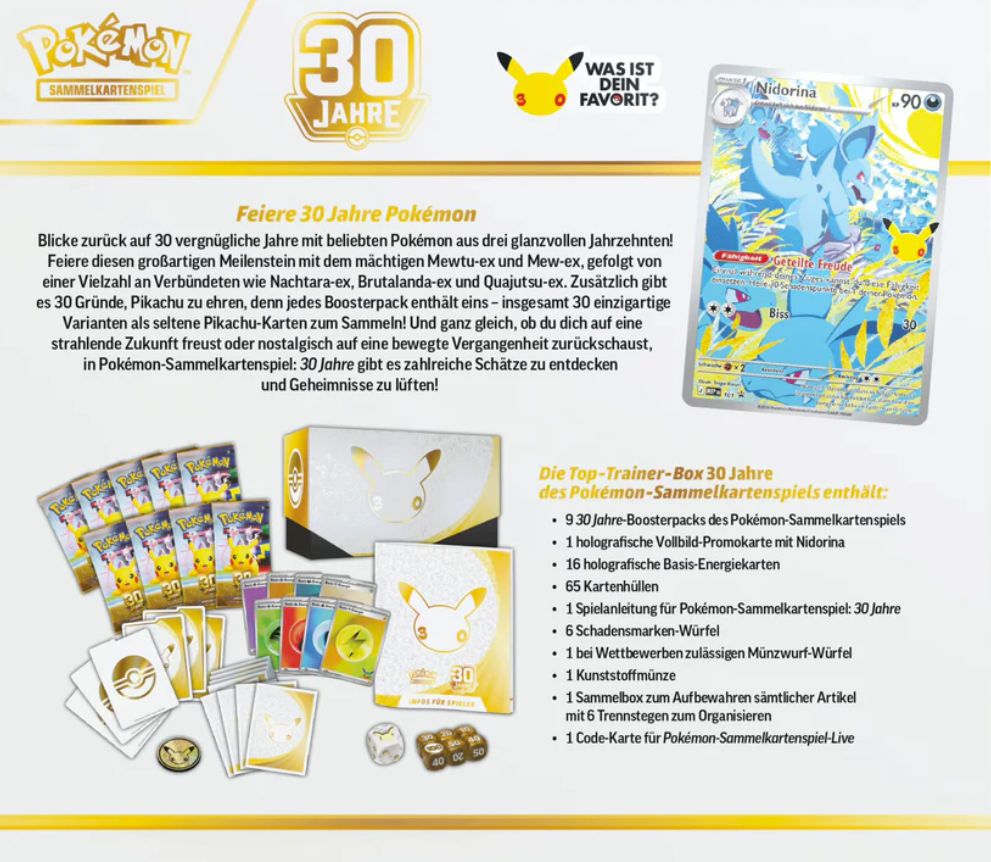 Pokémon 30 Jahre Top-Trainer-Box mit Boosterpacks, Promo-Karte, Kartenhüllen, Würfeln und weiterem Zubehör.