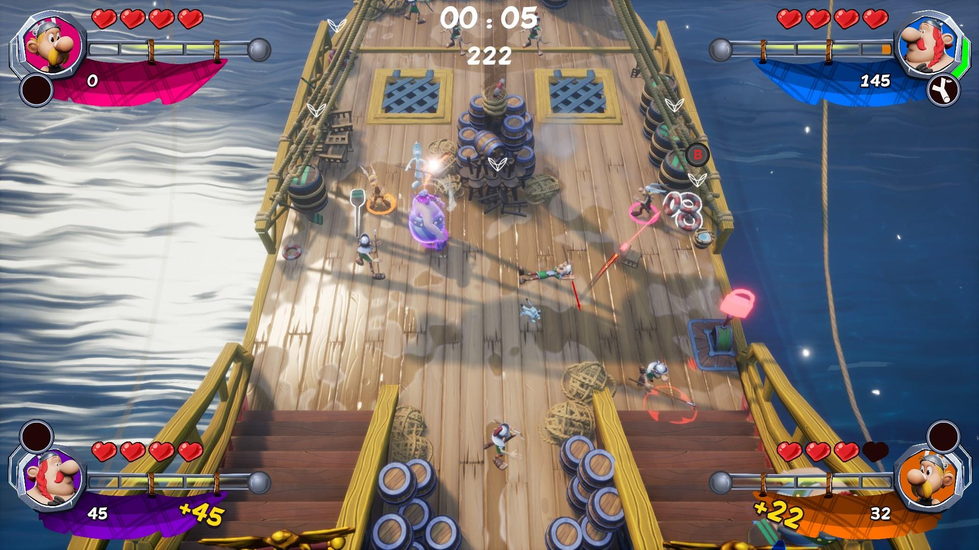 Spielszene auf einem Holzschiff mit Charakteren, Fässern und UI-Elementen an den Rändern.