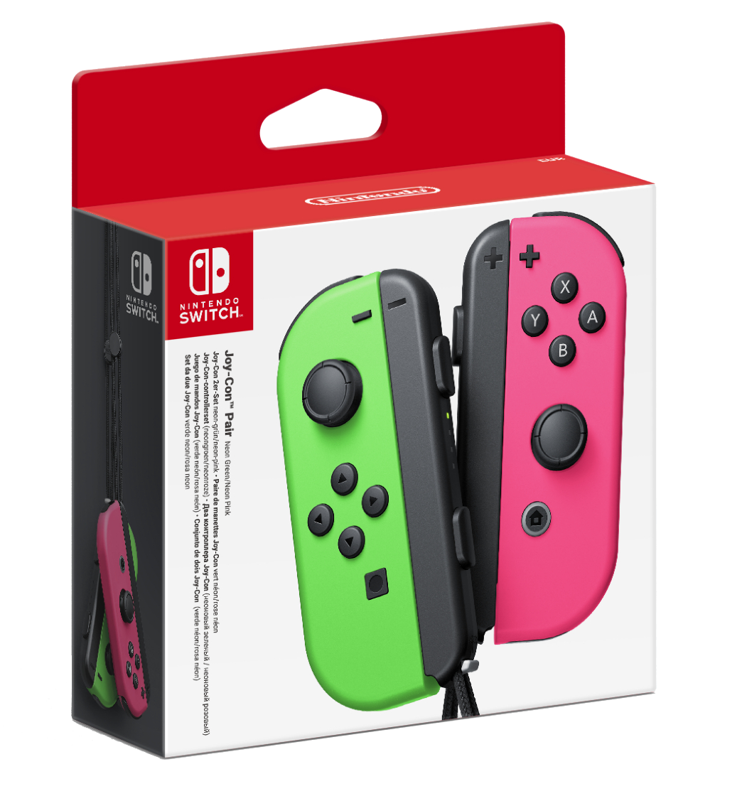 Caja de mandos Nintendo Switch Joy-Con en verde neón y rosa neón.