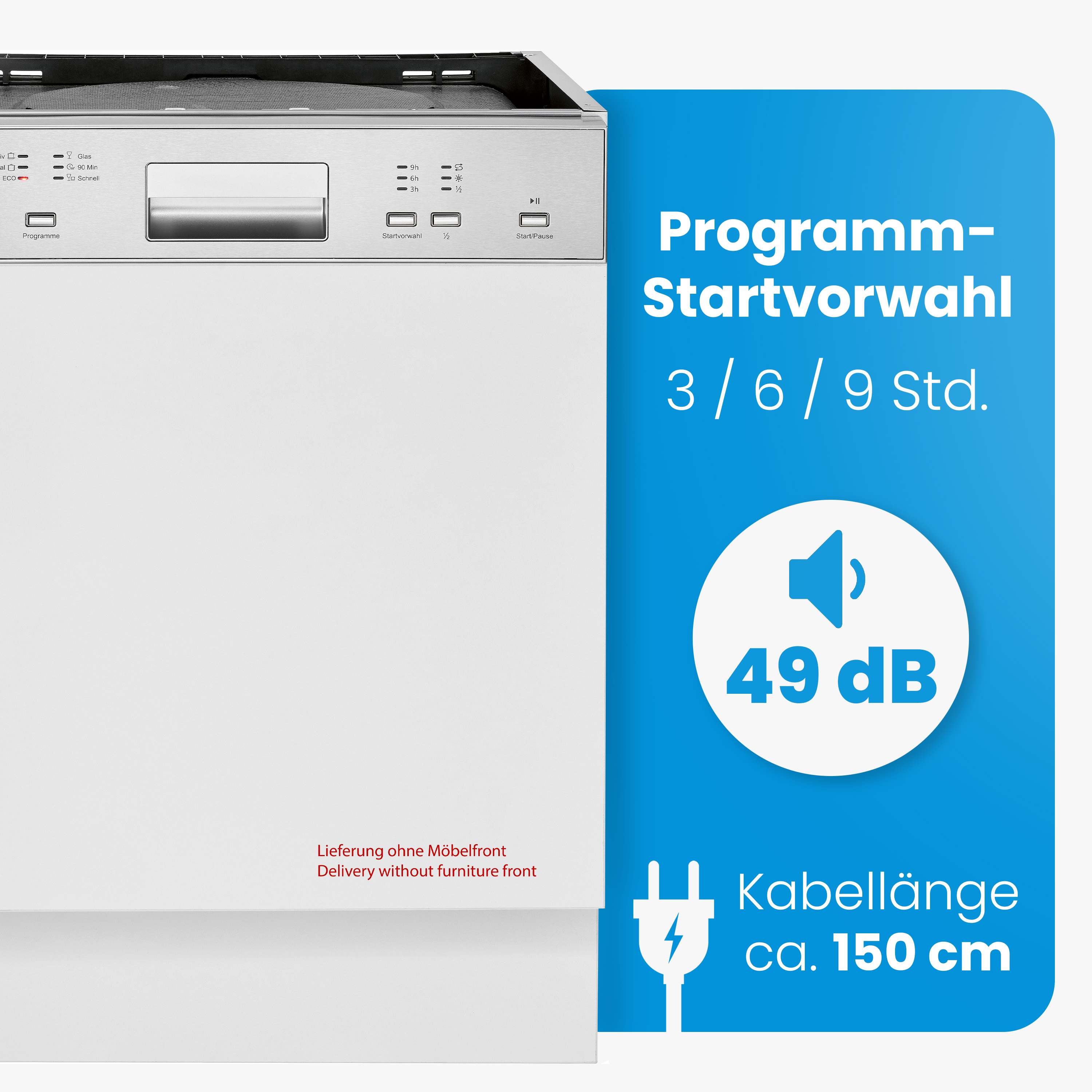 Geschirrspüler mit Startvorwahl, 49 dB Lautstärke und 150 cm Kabellänge.