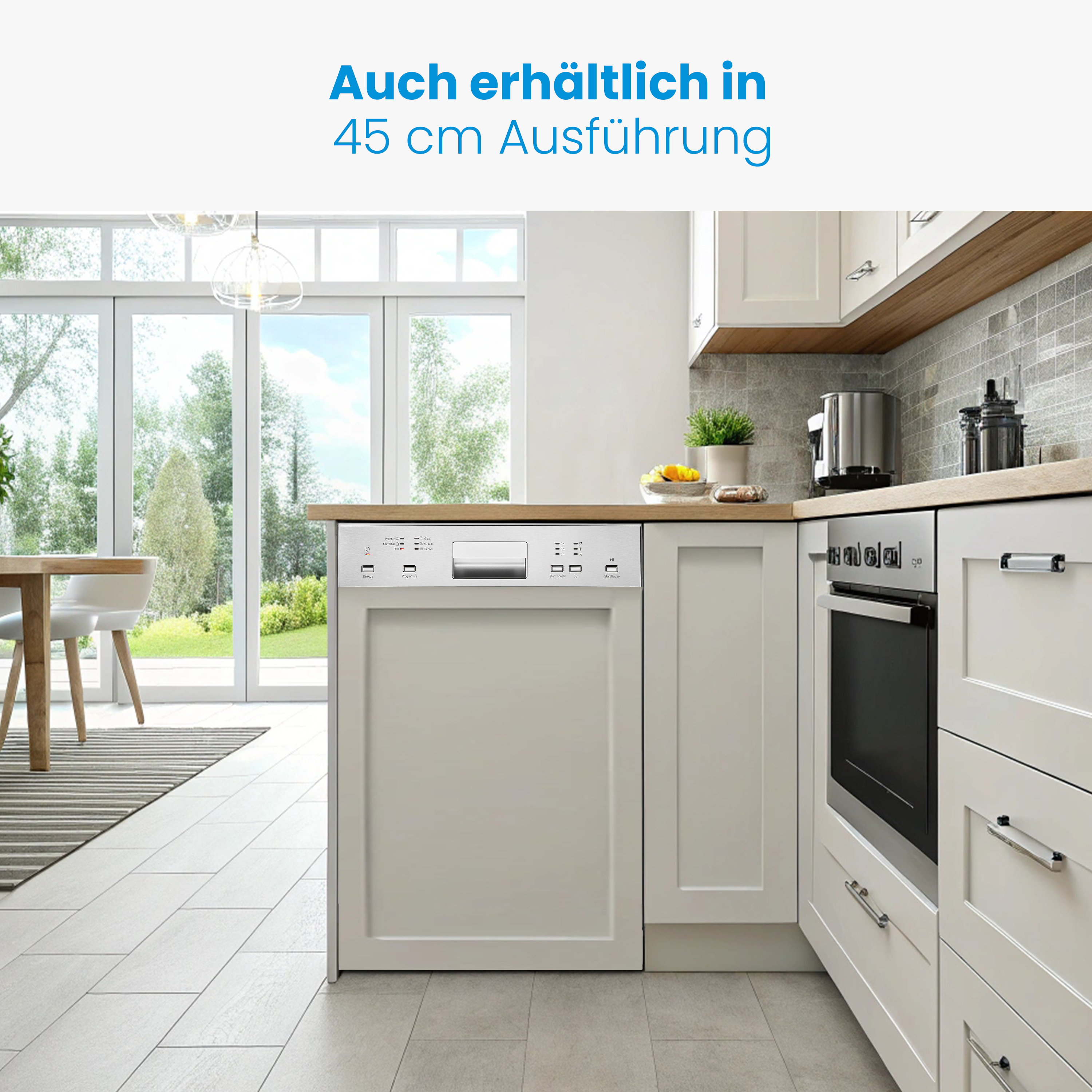 Moderne Küche mit integrierter grauer Spülmaschine und Fenstern mit Blick ins Grüne. Text: Auch erhältlich in 45 cm Ausführung