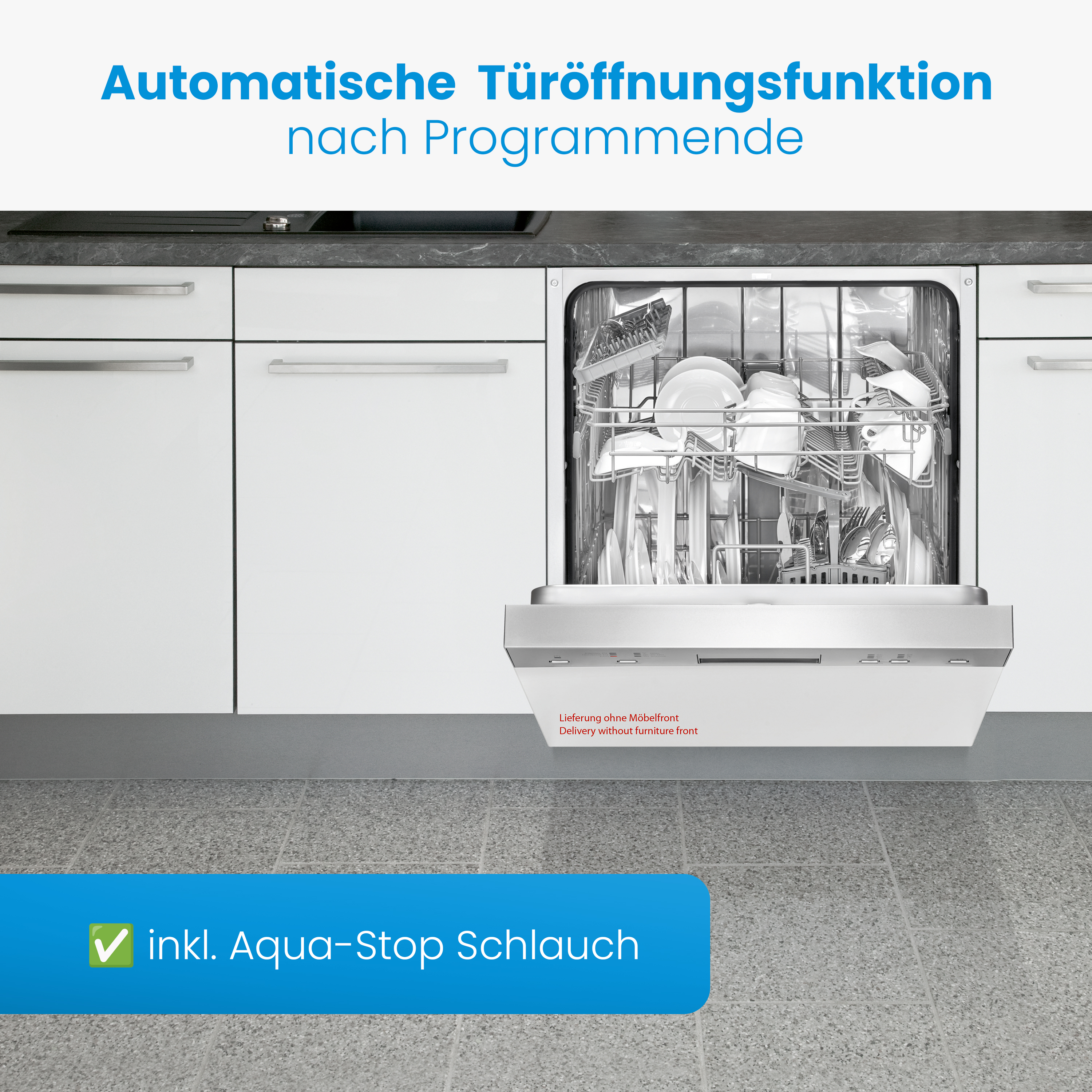Geschirrspüler integriert in eine weiße Küche mit offener Tür, gefüllt mit Geschirr und Besteck.