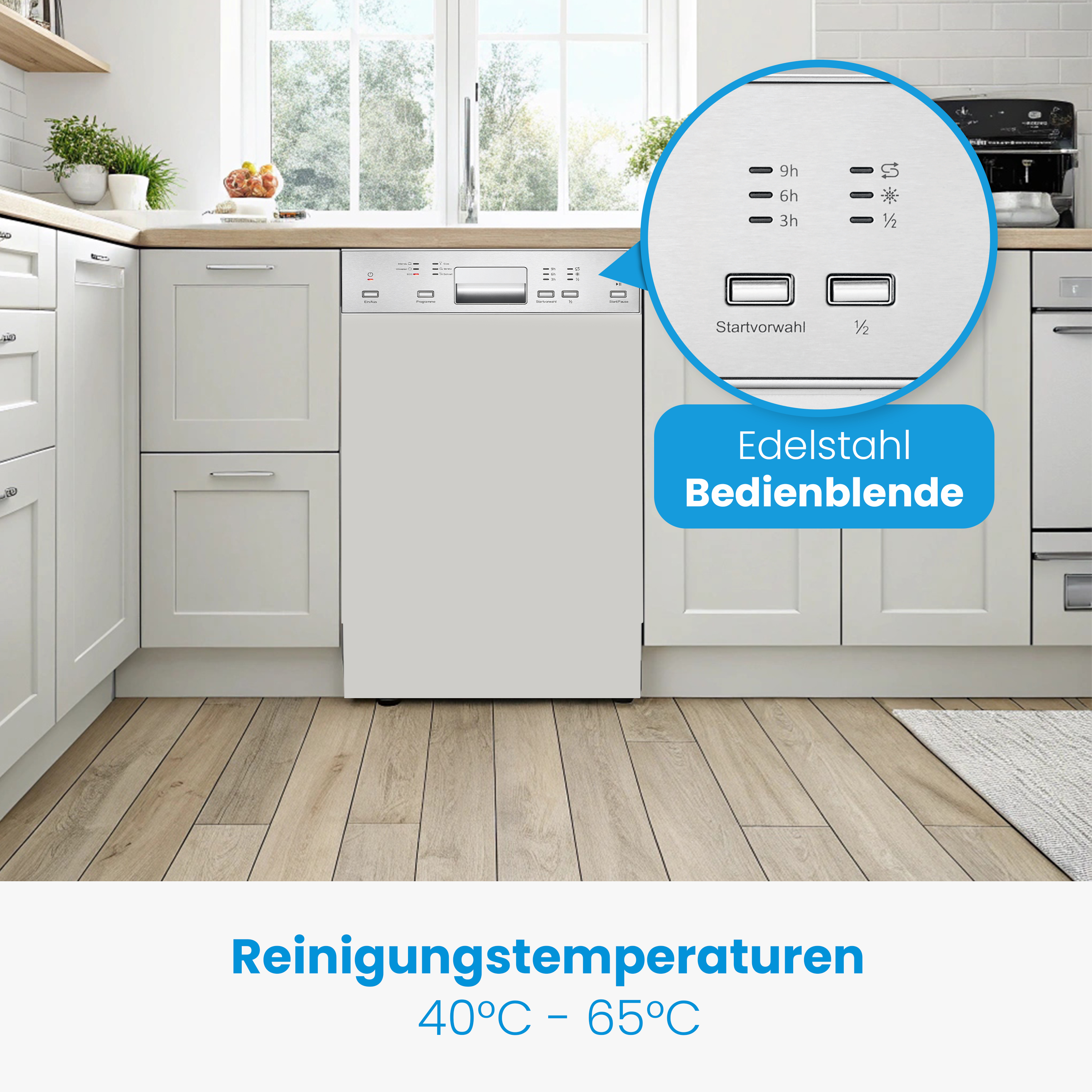 Nahaufnahme einer Edelstahl-Geschirrspüler-Bedienblende mit Tasten, Anzeigen und deutschem Text.