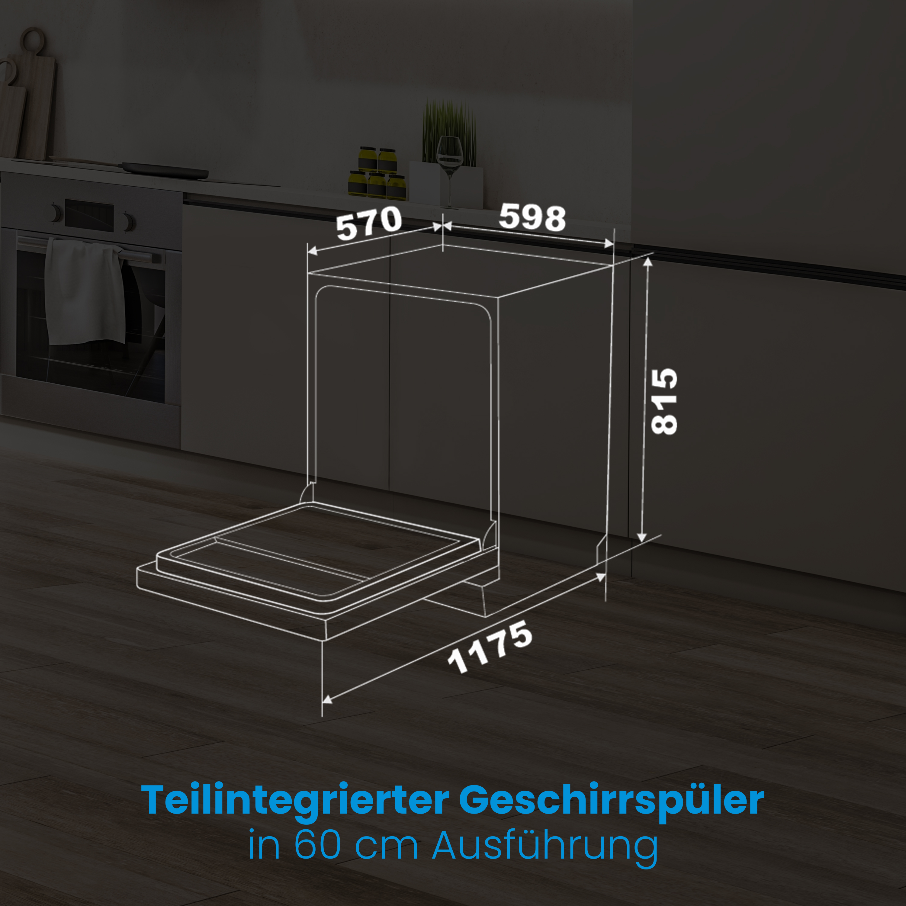 Diagramm eines teilintegrierten Geschirrspülers in 60 cm mit Bemaßung in einer Küche.