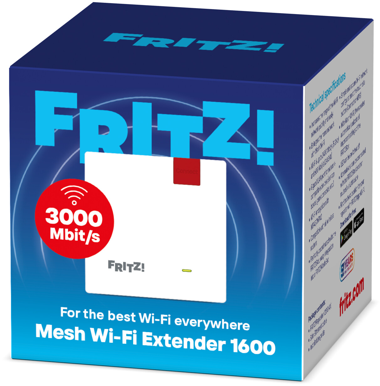Boîte de produit bleue d'un répéteur Wi-Fi Fritz! Mesh 1600 blanc avec des accents rouges et bleus.