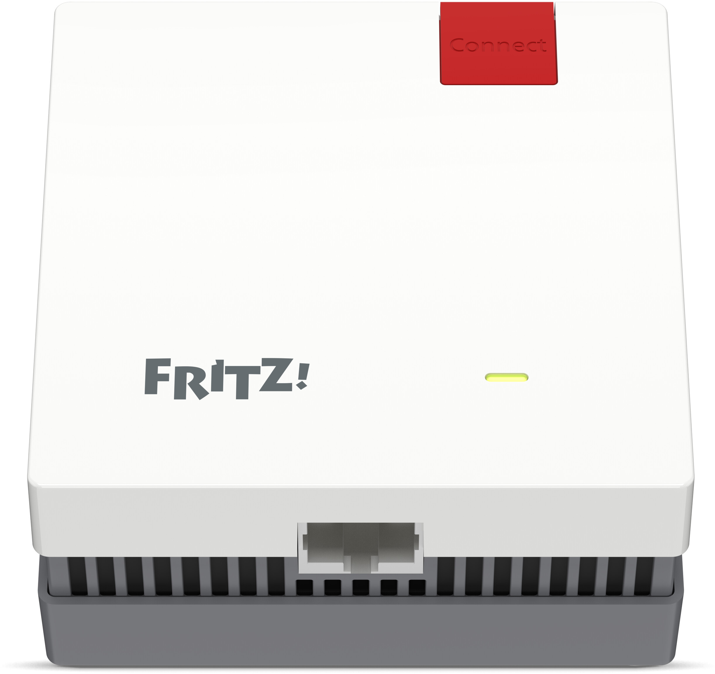 Répéteur Fritz! blanc avec bouton Connect rouge, LED jaune et base grise.