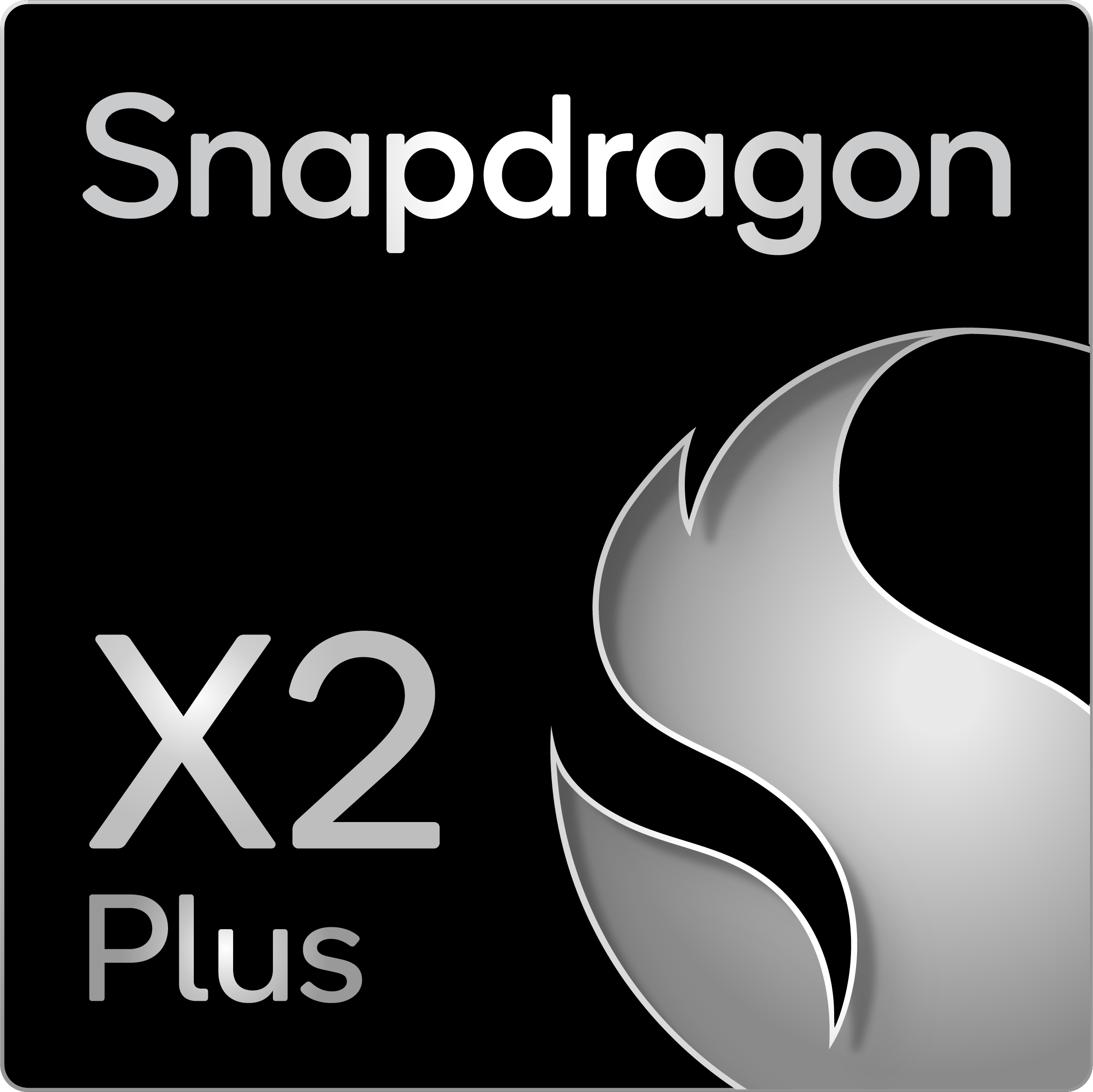Schwarzes Snapdragon X2 Plus Logo mit weißem Text und Flammenemblem.