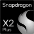 Logo noir Snapdragon X2 Plus avec texte blanc et emblème de flamme.