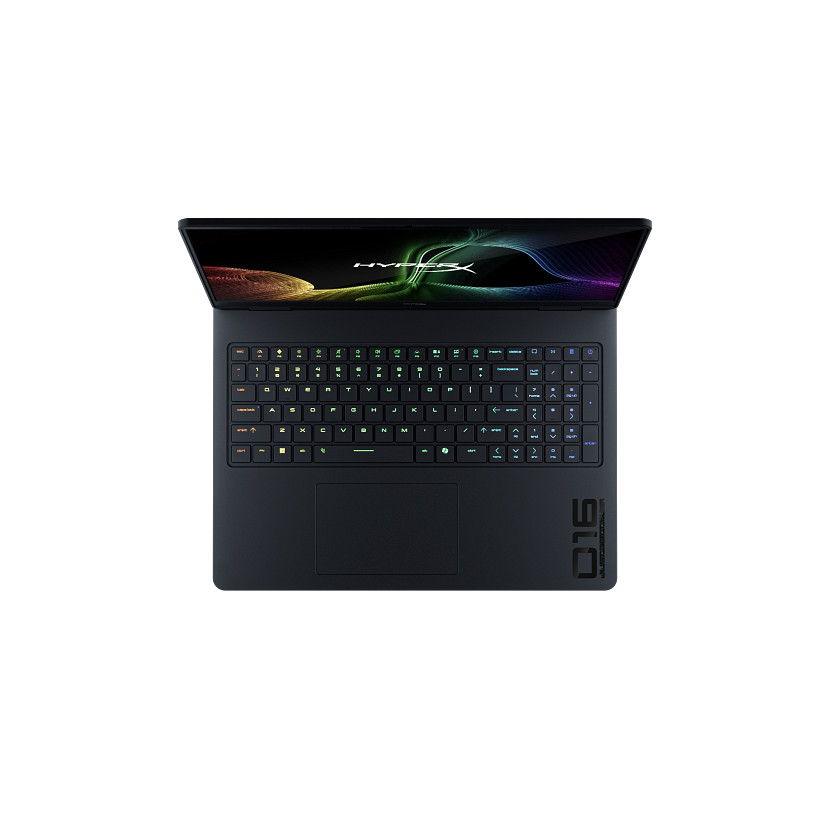 Czarny laptop widziany z góry, z podświetlaną klawiaturą i abstrakcyjną tapetą.