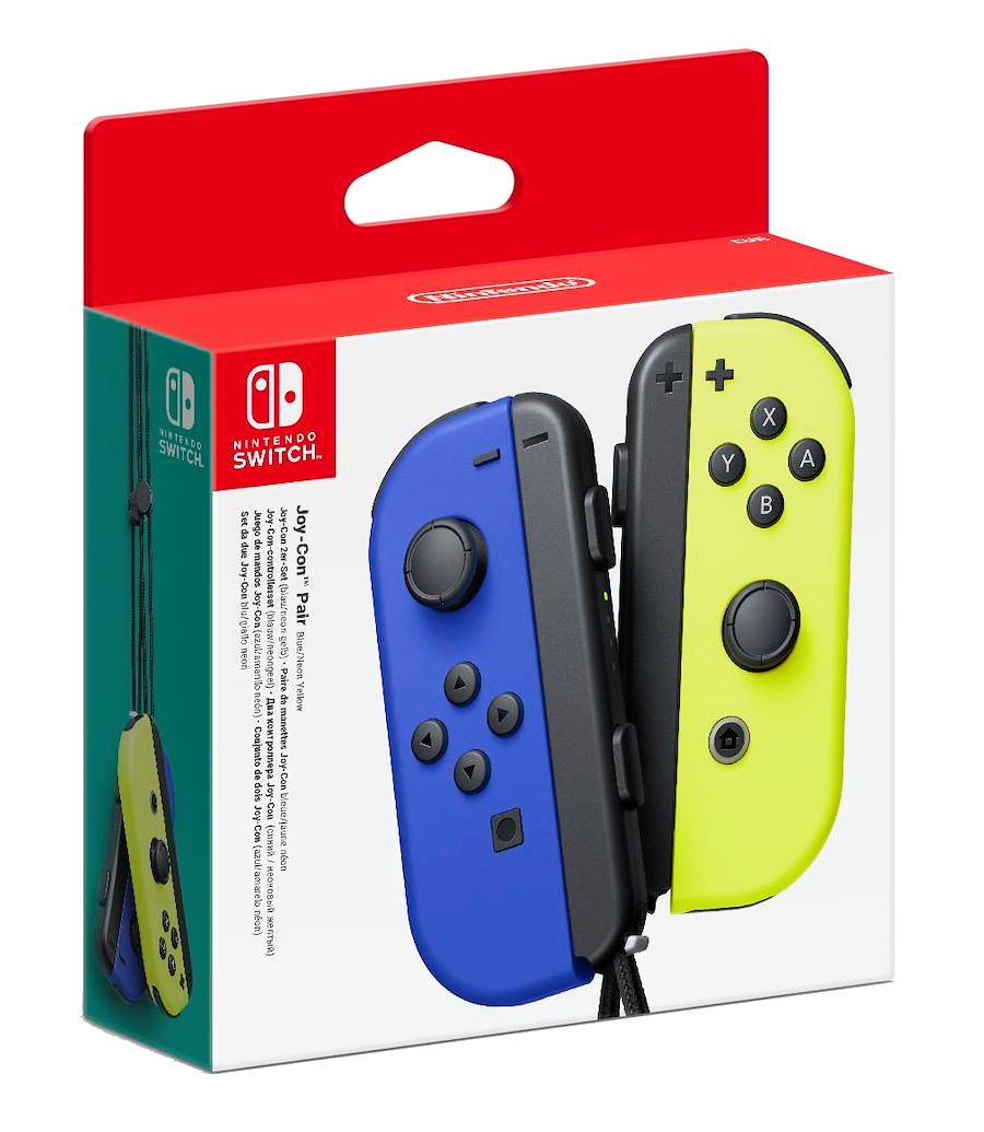 Par de Joy-Con de Nintendo Switch en azul y amarillo neón en su caja.