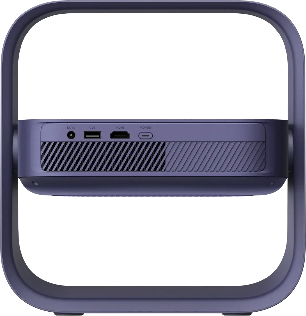 Rückseite eines violetten Projektors mit DC-, USB-, HDMI- und Power-Anschlüssen.
