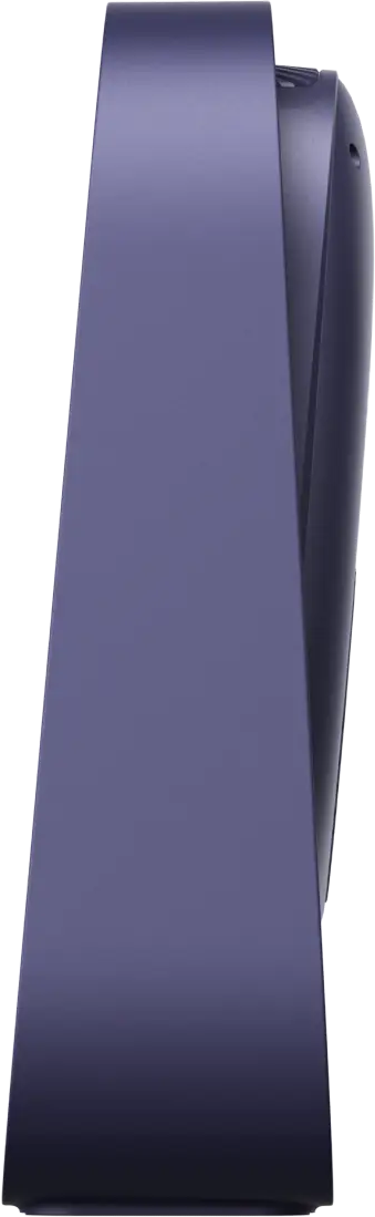 Ein glattes, violettes Gerät steht auf einem schwarzen Hintergrund.