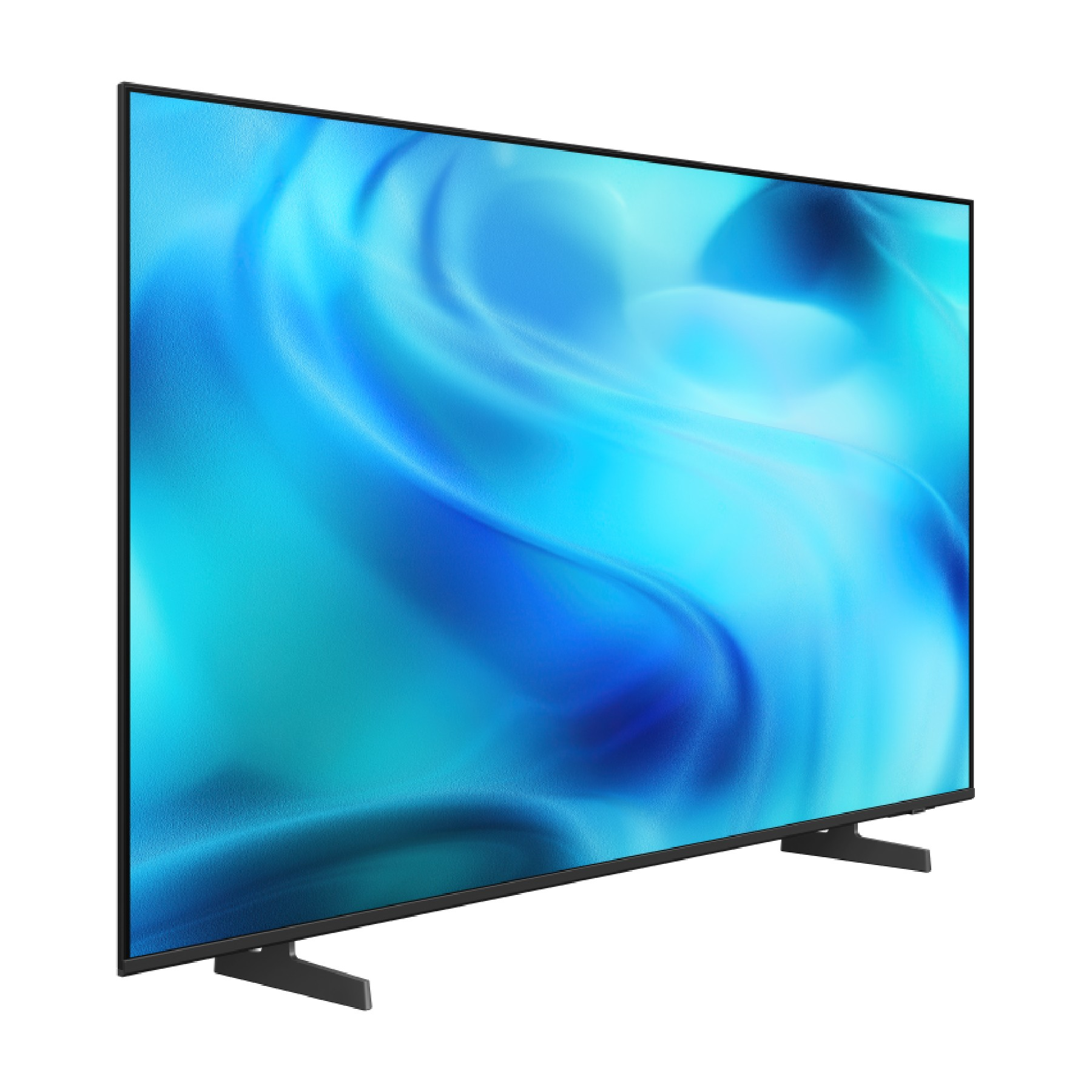 Un televisor de pantalla plana con un marco negro delgado sobre soportes muestra gráficos abstractos azules.