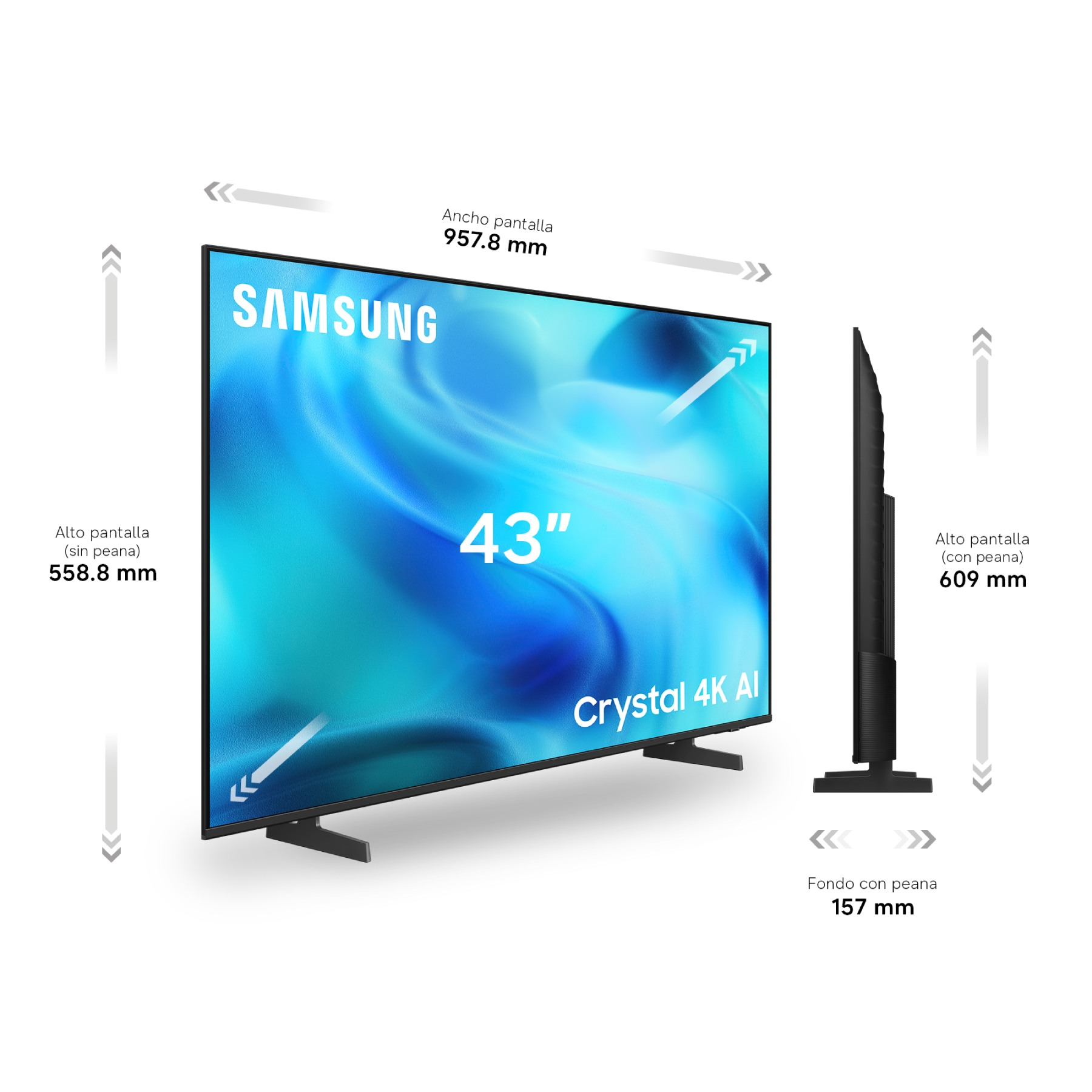 Diagrama de un televisor Samsung Crystal 4K AI de 43 pulgadas con medidas de ancho, alto y fondo.