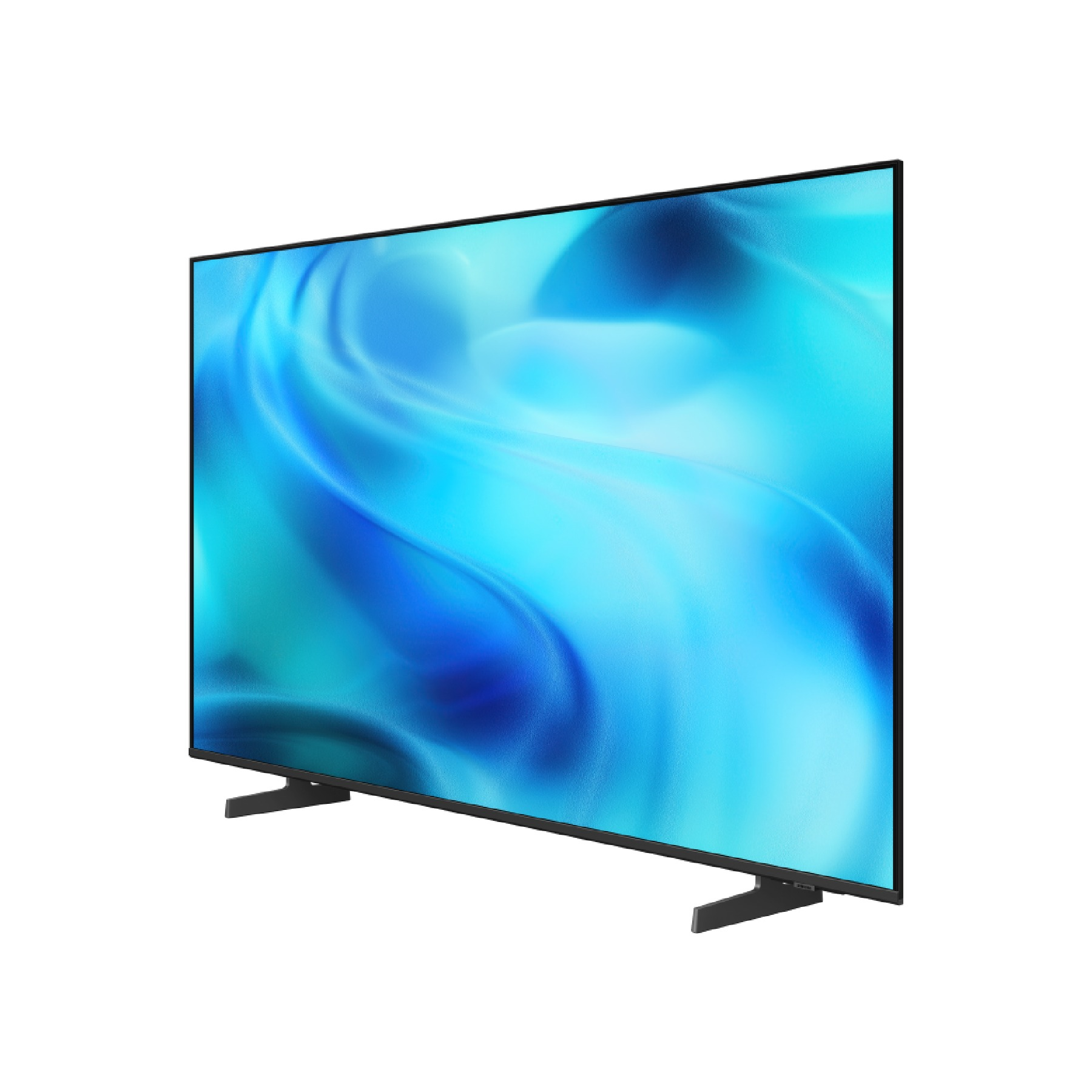 Un televisor de pantalla plana moderno ligeramente inclinado, que muestra un patrón abstracto azul vibrante.