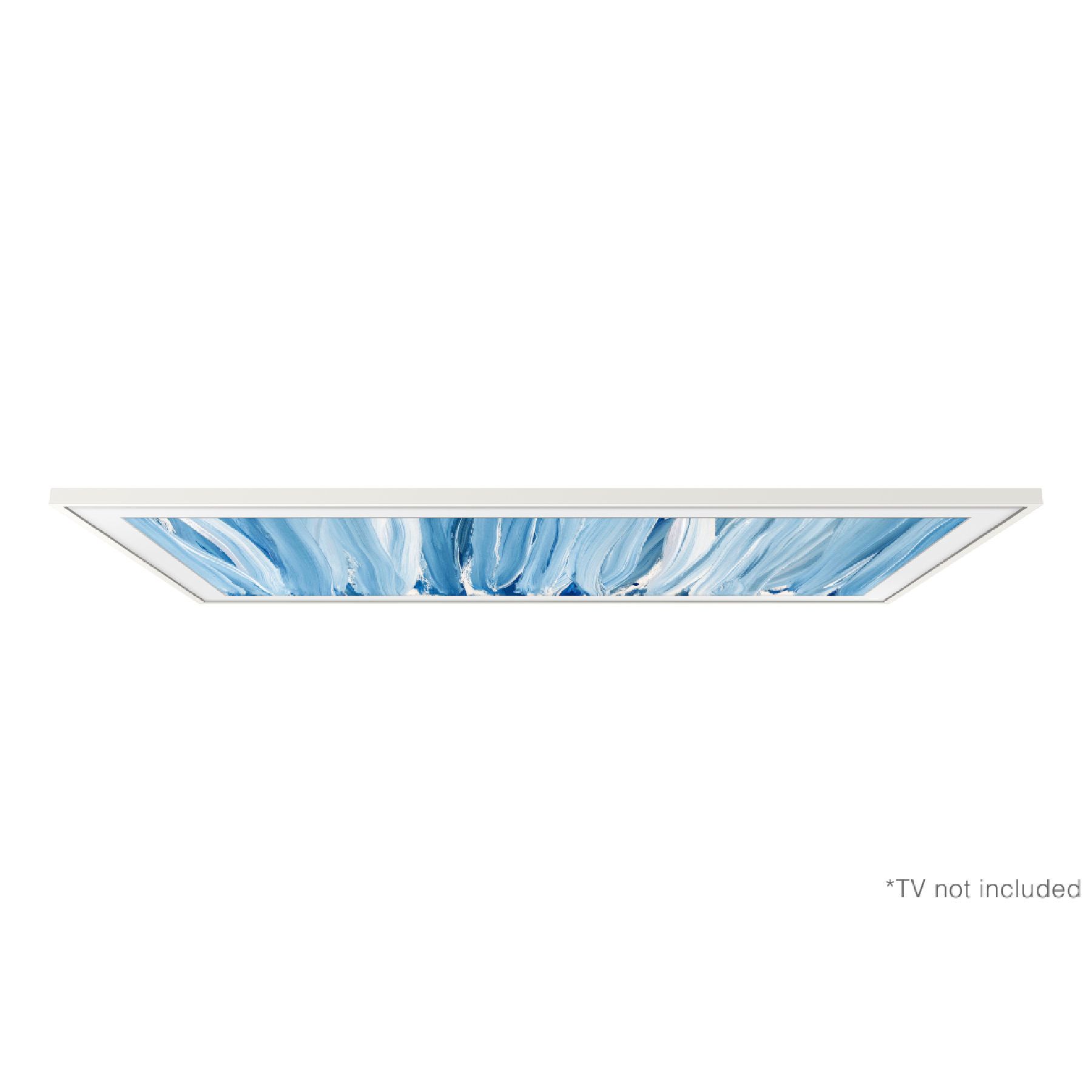 Un televisor blanco muestra una pintura abstracta azul con pinceladas sobre un fondo blanco.