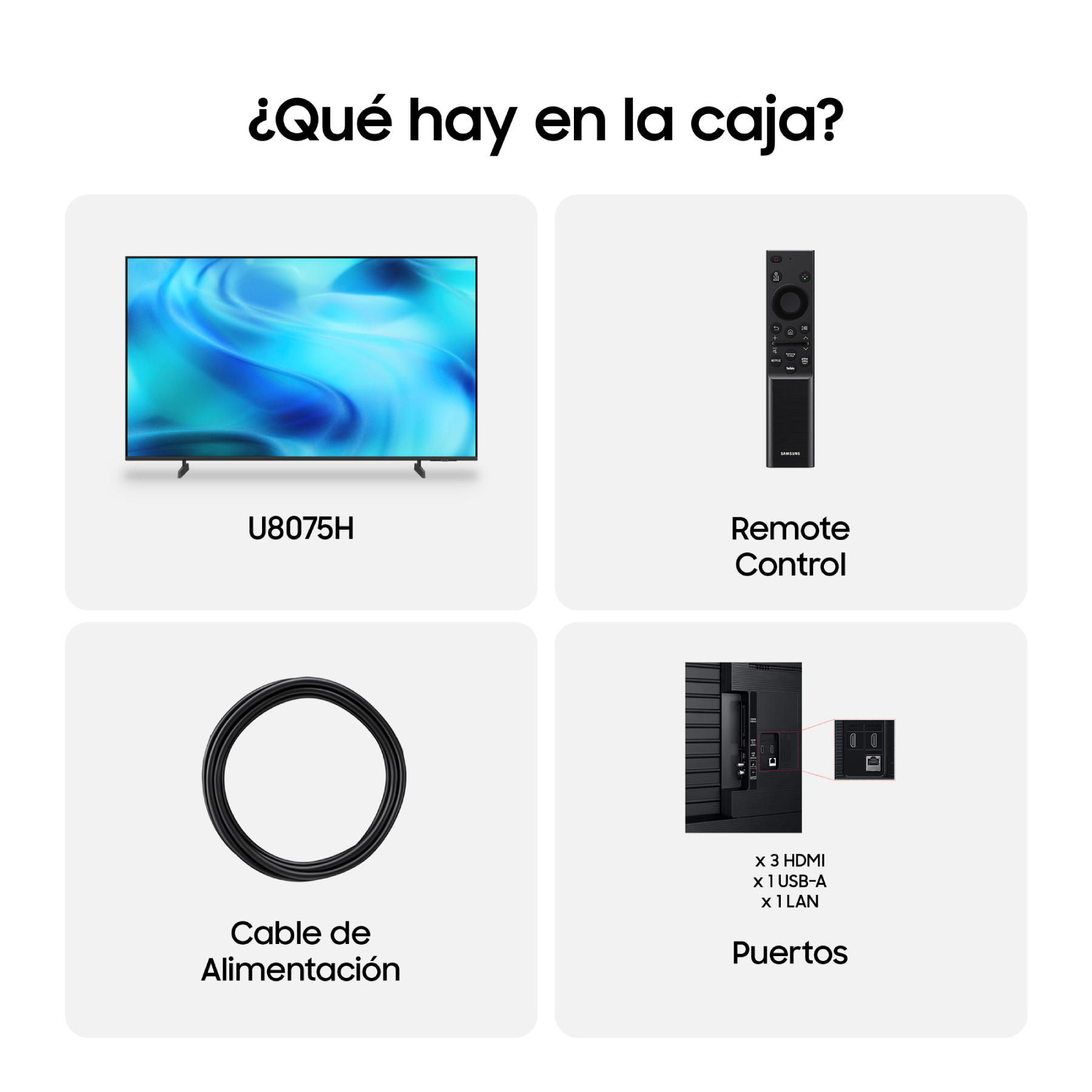 Contenido de una caja de TV con televisor U8075H, control remoto, cable de alimentación y puertos.