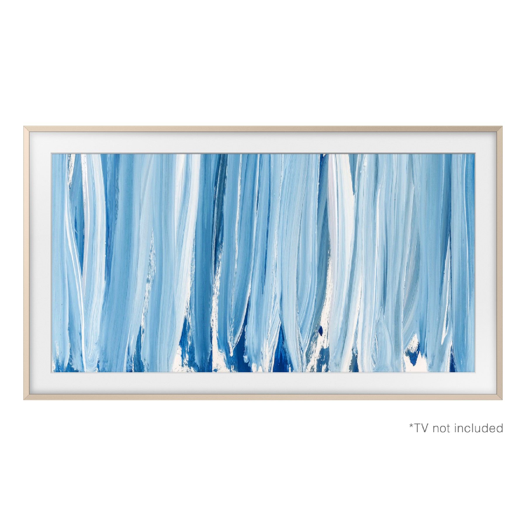 Un cuadro enmarcado con pinceladas verticales abstractas en tonos azules y blancos sobre fondo blanco.