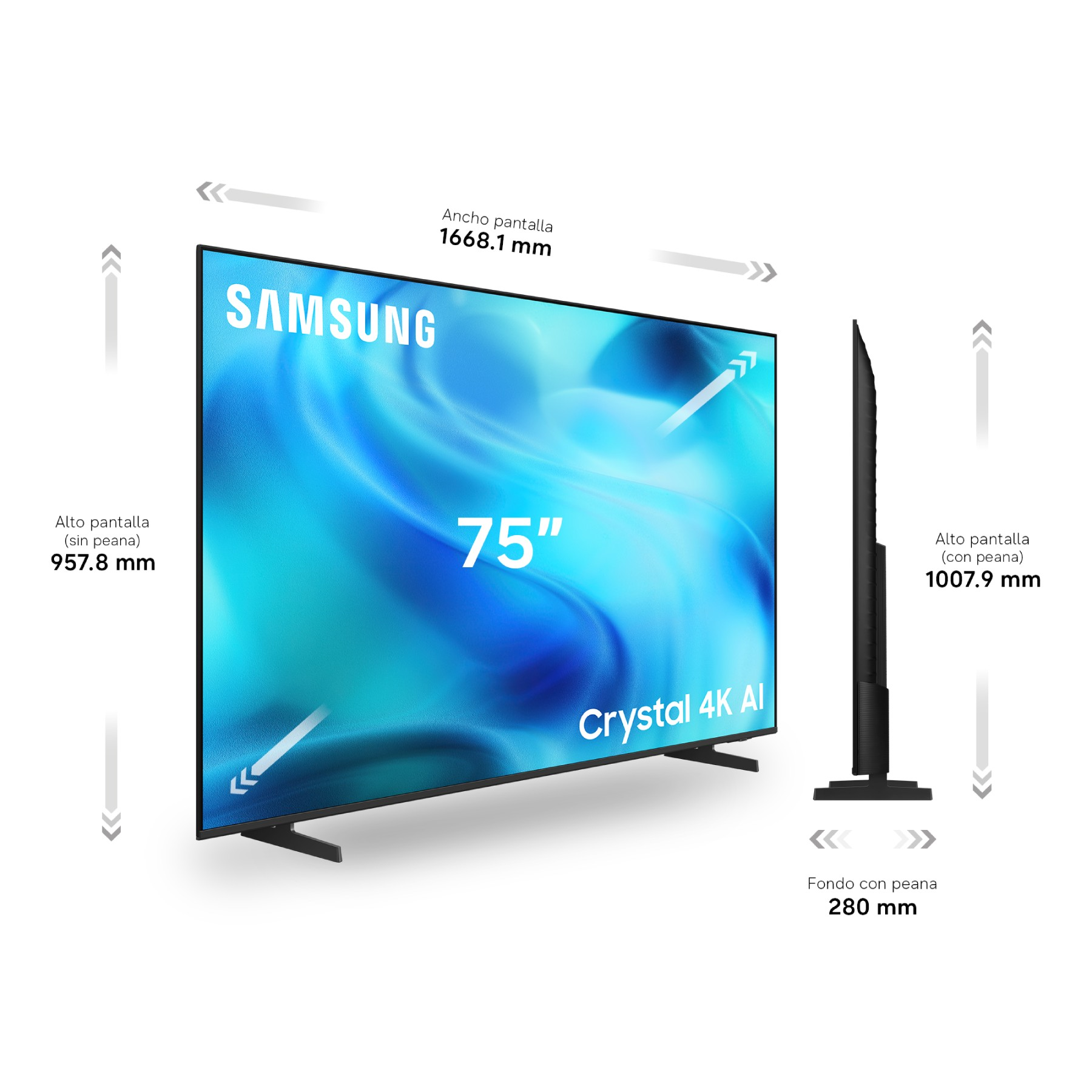 Televisor Samsung de 75 pulgadas con dimensiones, vista frontal y lateral sobre fondo blanco.