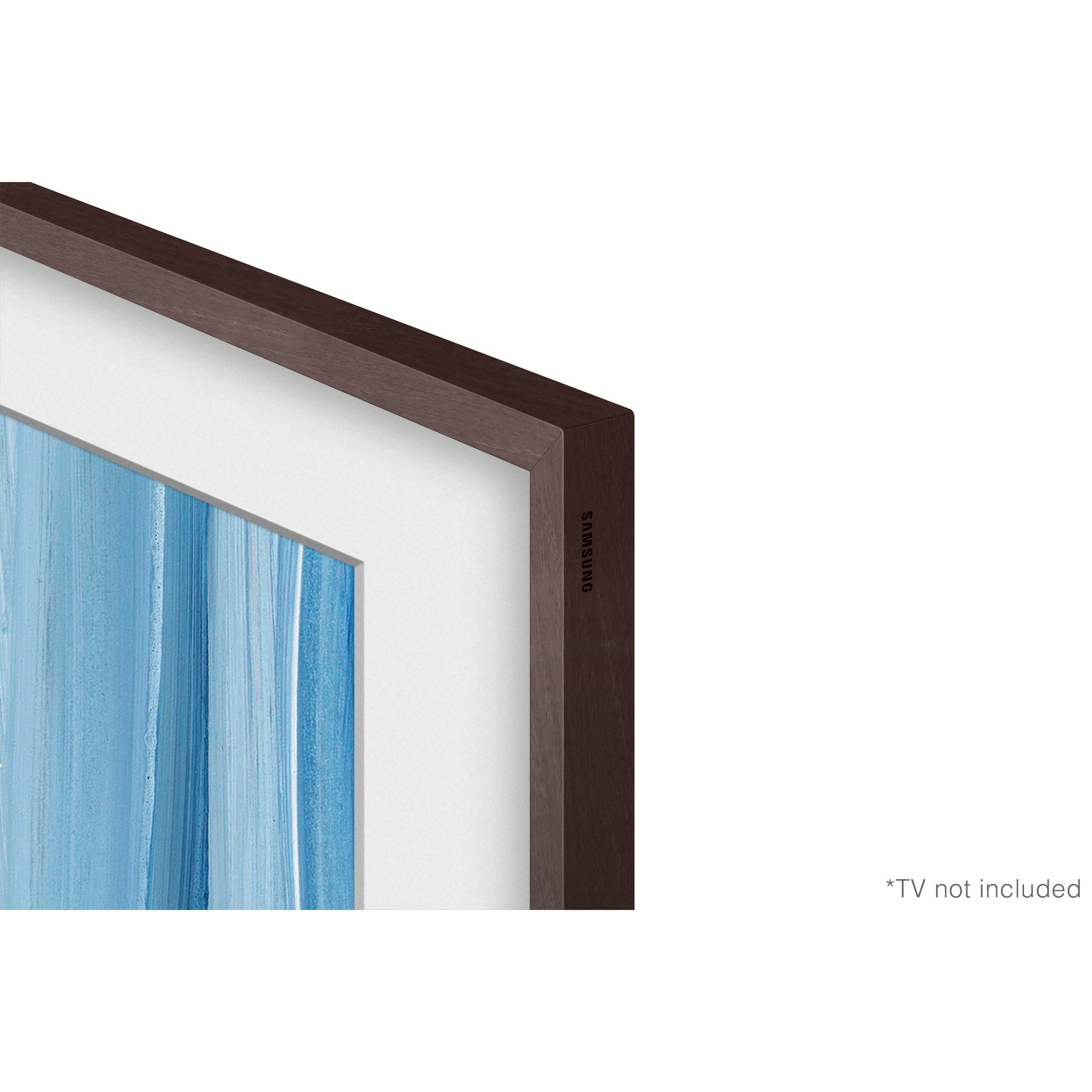 Primer plano de un marco de madera marrón con la marca Samsung y arte azul en el interior.