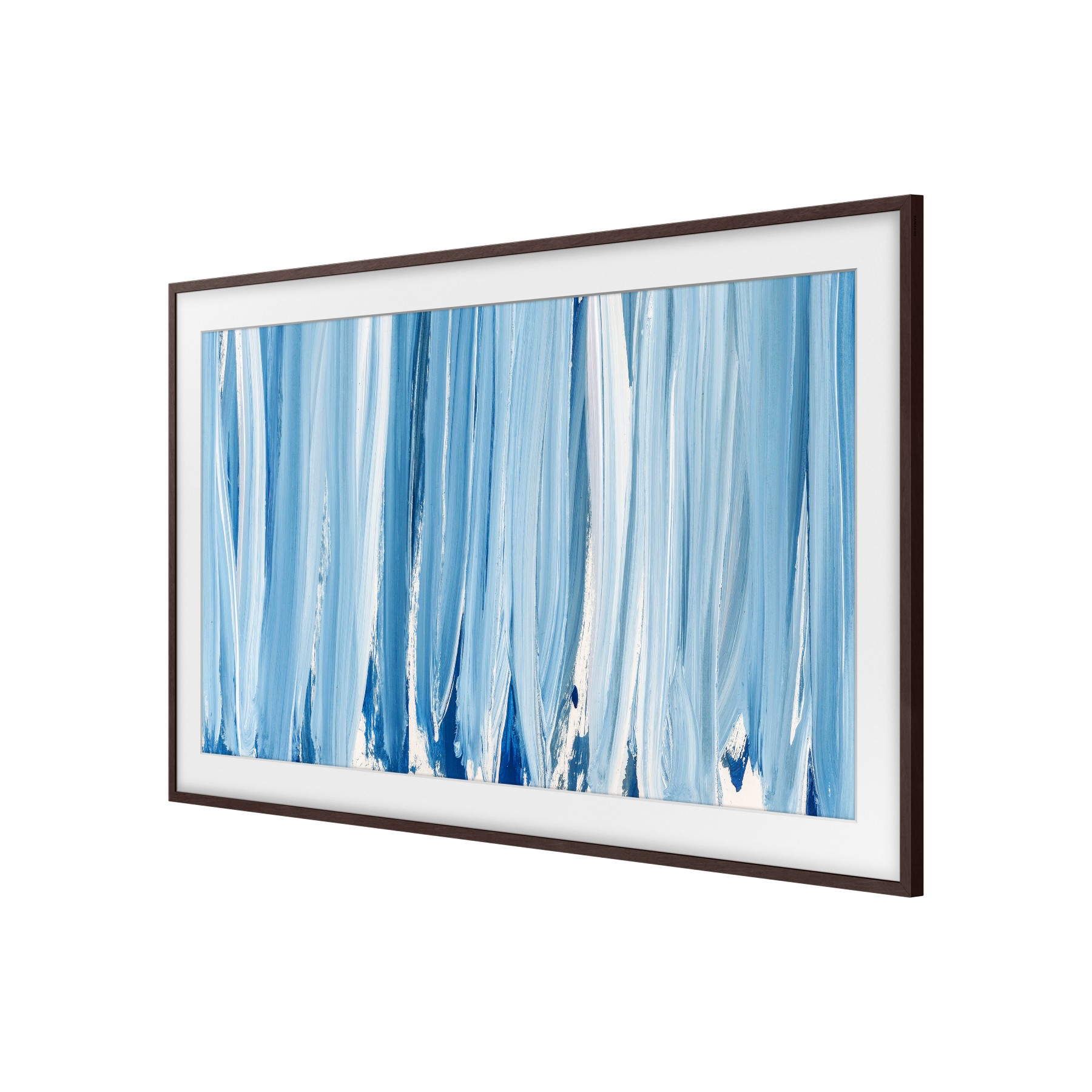 Una pintura abstracta enmarcada con pinceladas verticales azules y blancas.