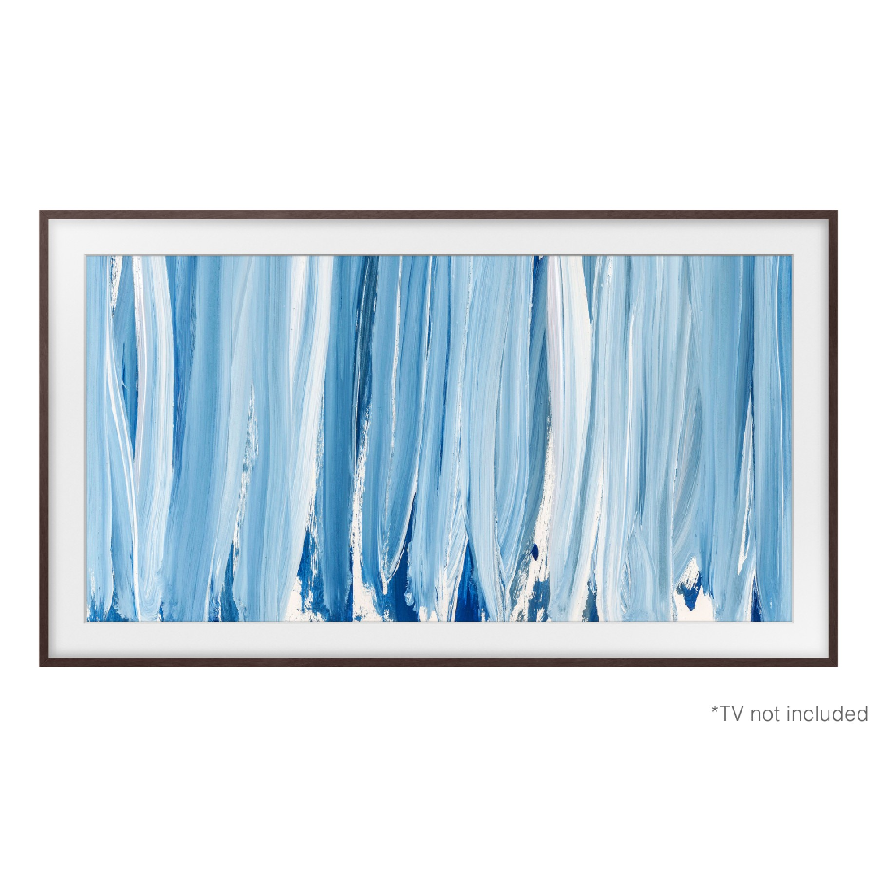 Un cuadro enmarcado con pinceladas verticales azules y blancas sobre fondo blanco.