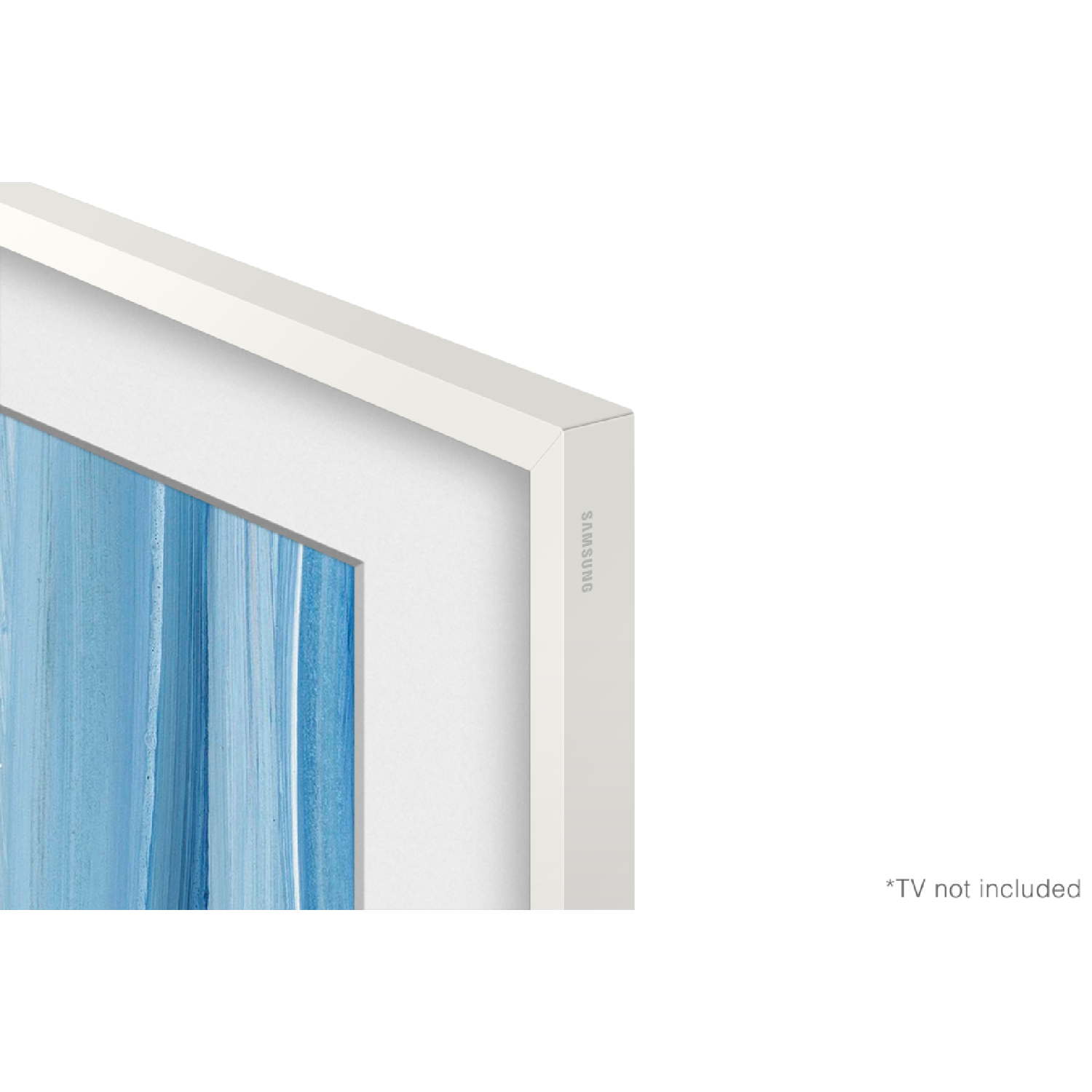 Bisel de TV Samsung blanco con arte azul en la pantalla.