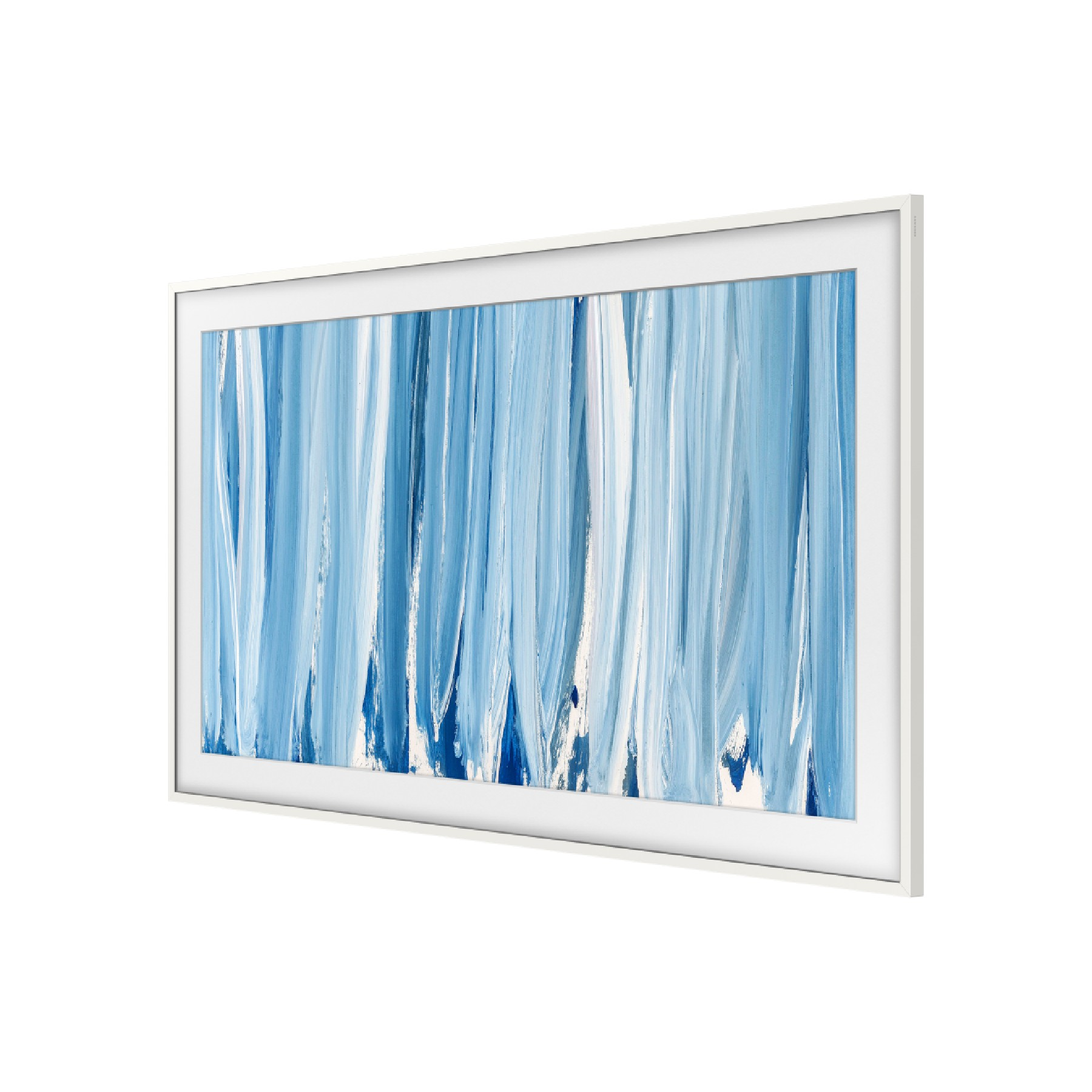 Un televisor blanco en ángulo muestra pinceladas abstractas azules y blancas en su pantalla.