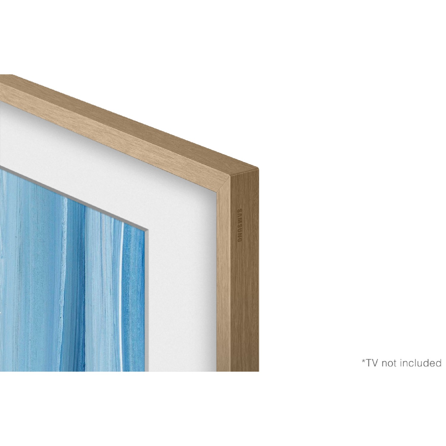 Marco de TV de color madera con arte azul sobre fondo blanco.