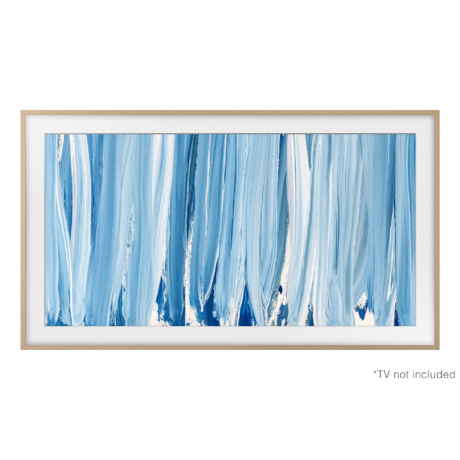 Pintura abstracta en tonos azules y blancos con pinceladas verticales, enmarcada en madera.