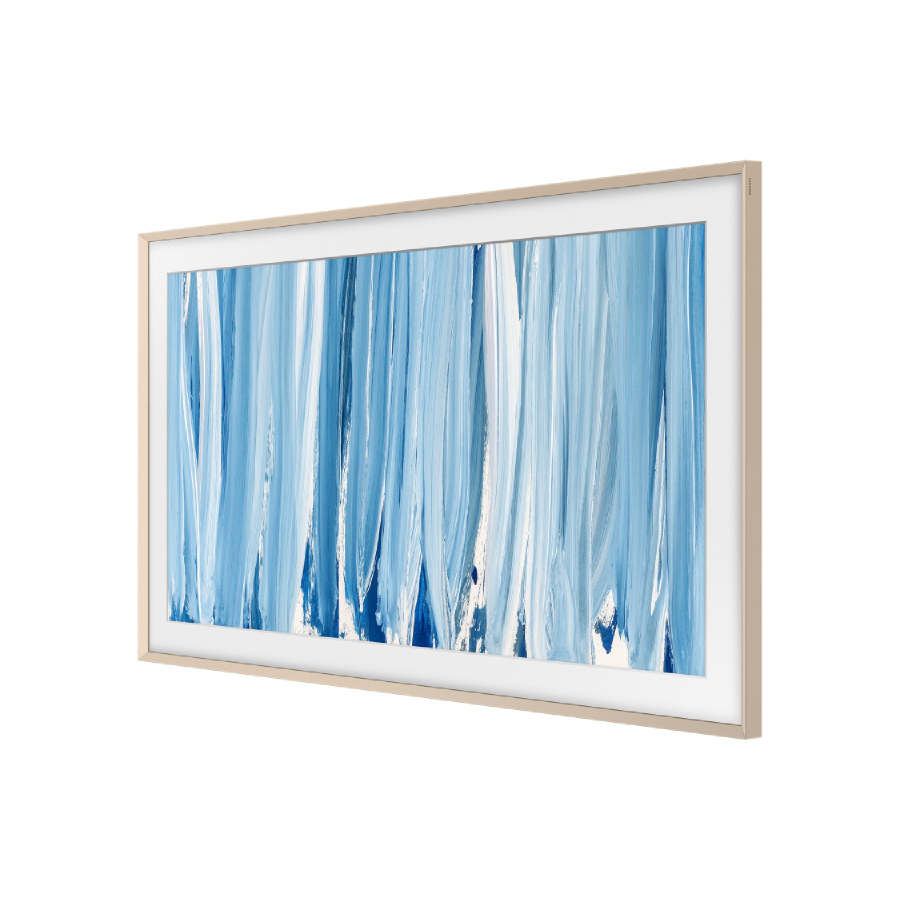 Un televisor enmarcado muestra una pintura abstracta con pinceladas verticales azules y blancas.