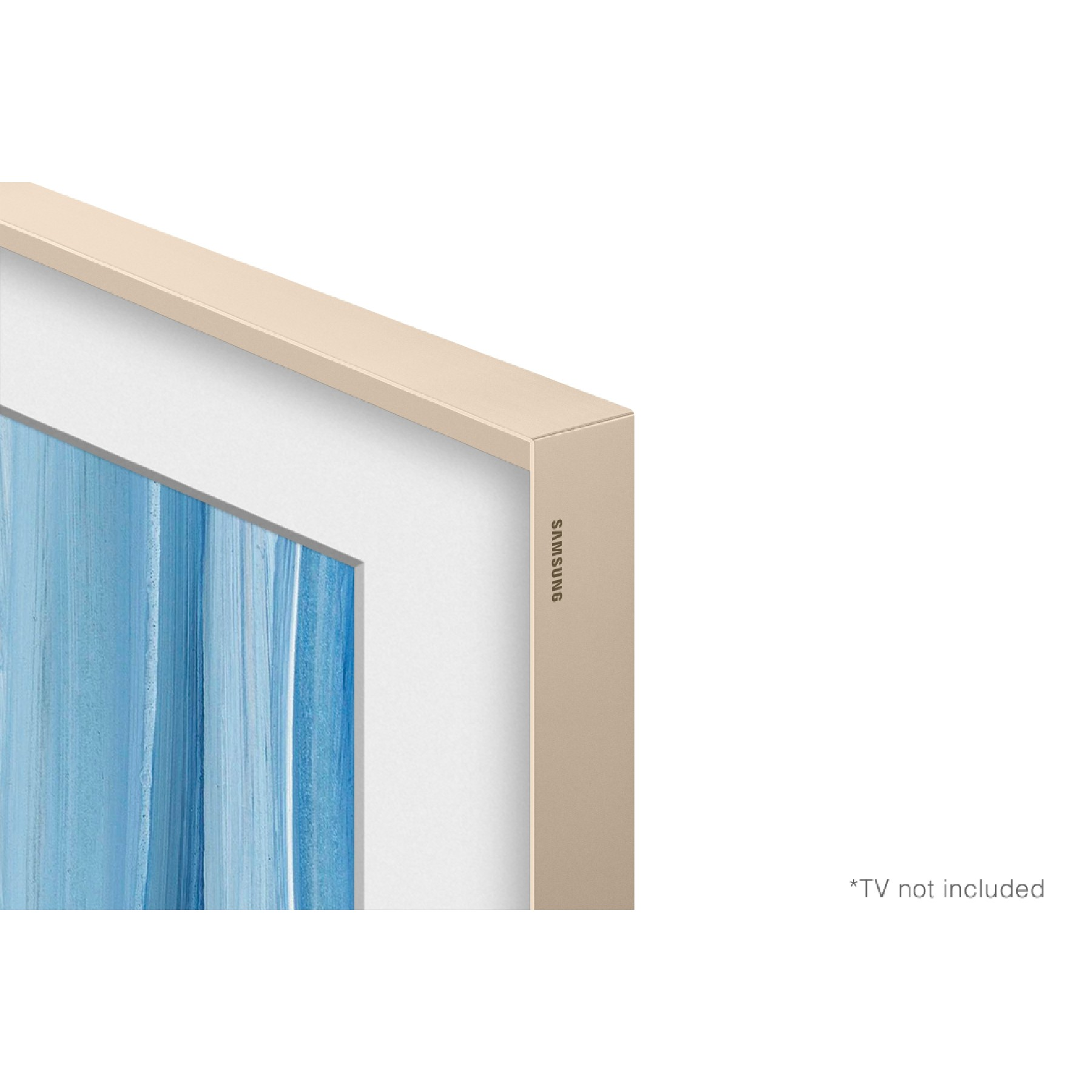 Un marco de TV beige con passepartout blanco muestra arte abstracto azul. La marca Samsung es visible.