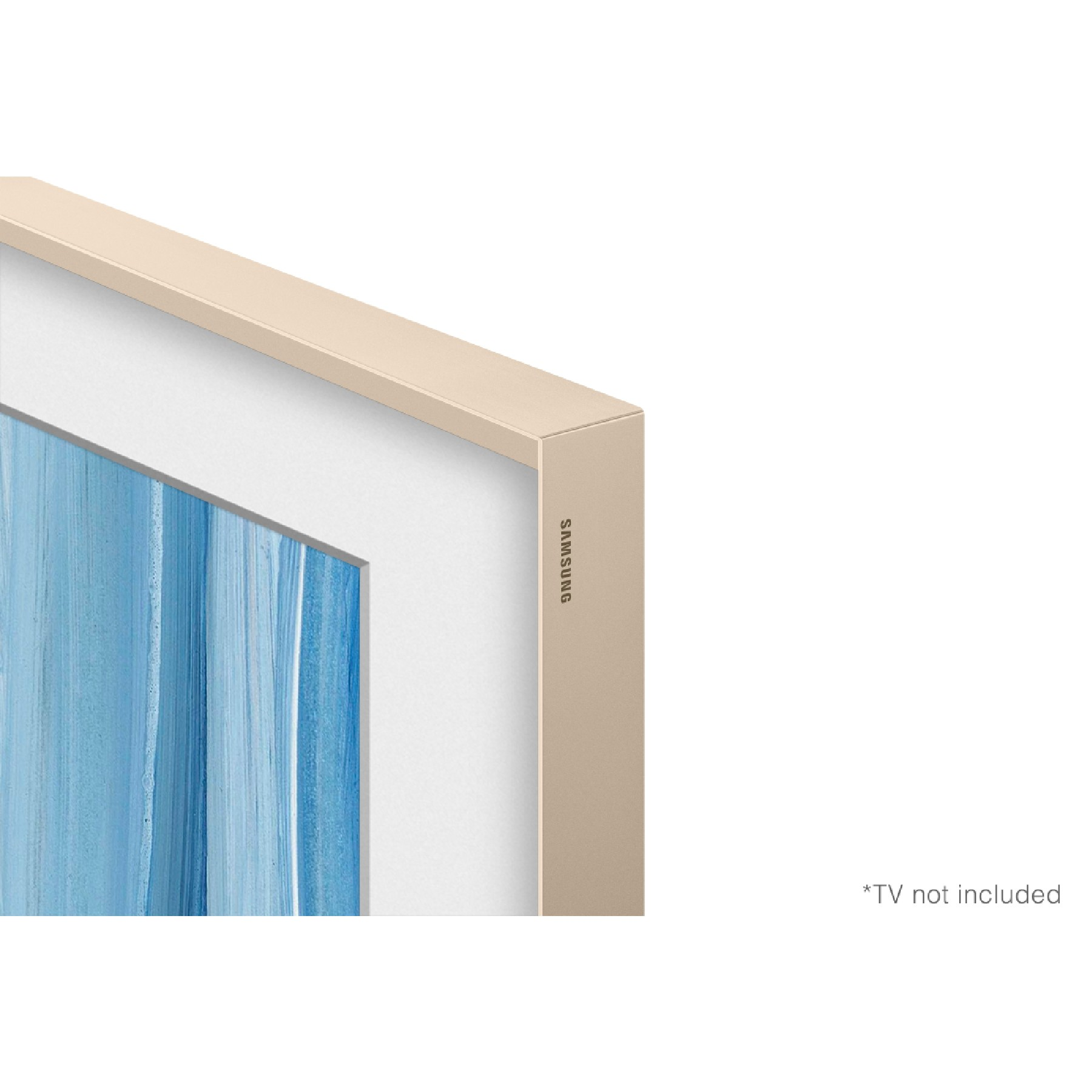 Primer plano de un marco de TV Samsung beige sobre fondo blanco con arte azul.