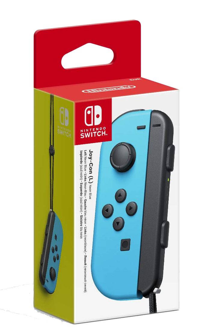 Caja para Nintendo Switch Joy-Con (L) en Azul Neón con accesorios.