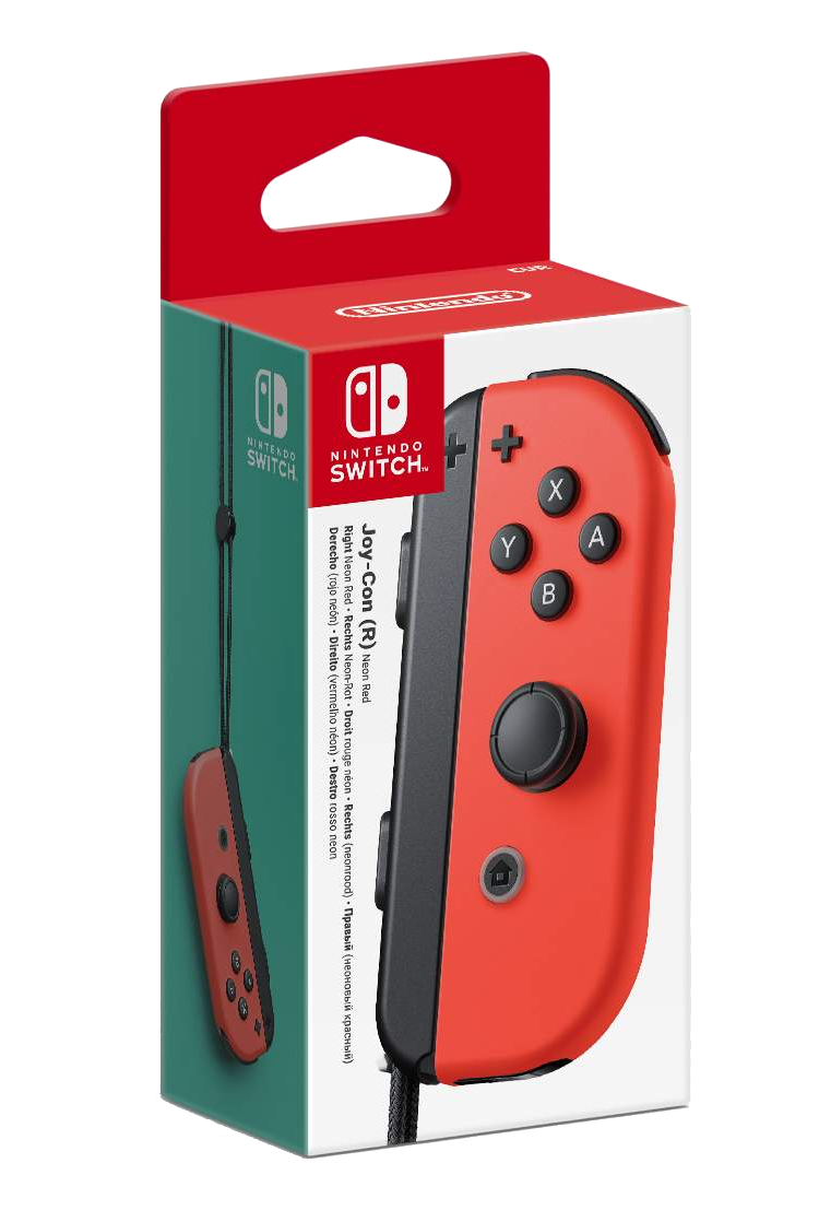 Embalaje de un mando Joy-Con derecho de Nintendo Switch en rojo neón, mostrando el mando y la correa.