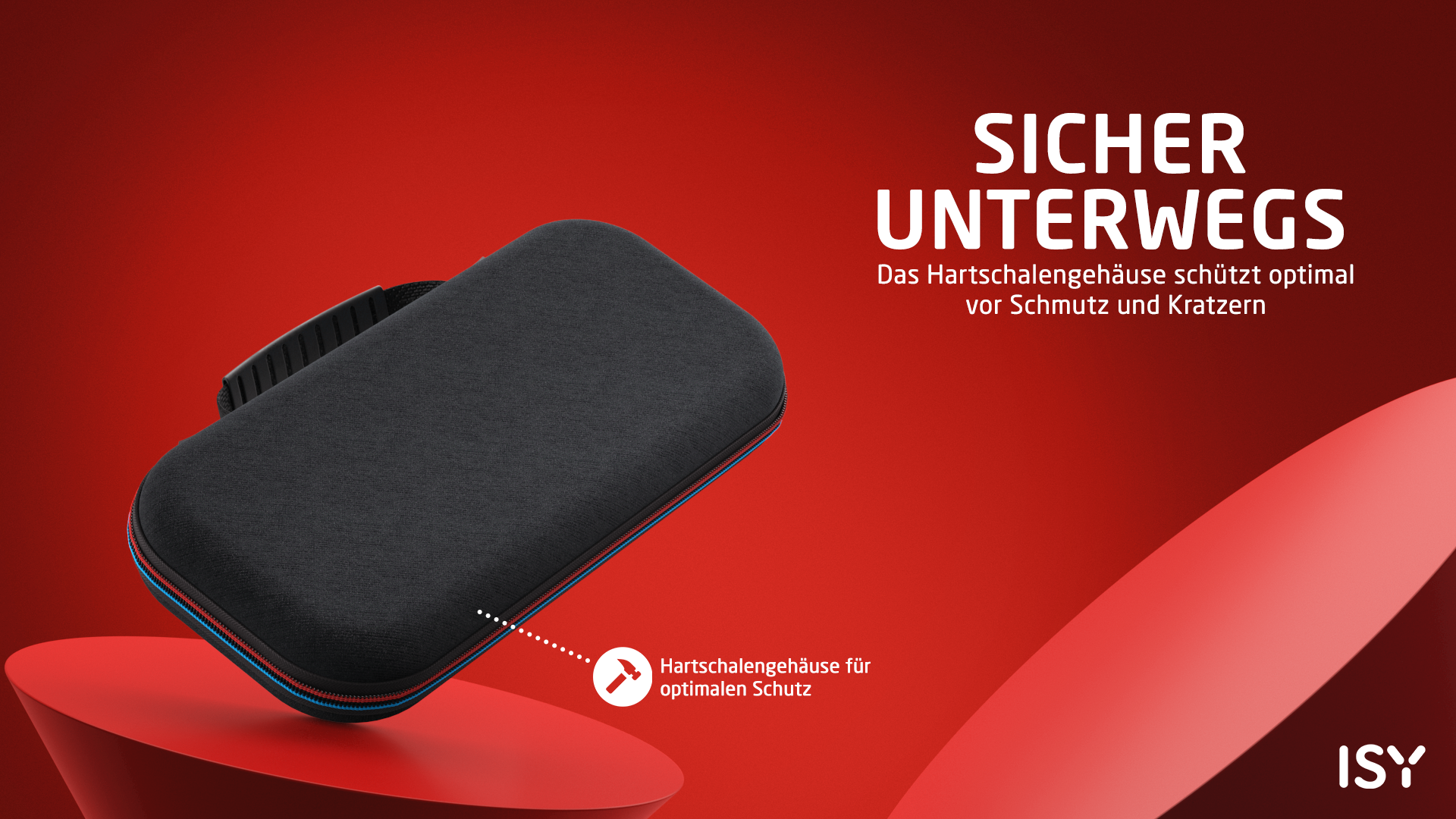 Ein schwarzes Hartschalenetui auf rotem Hintergrund mit weißem Text.